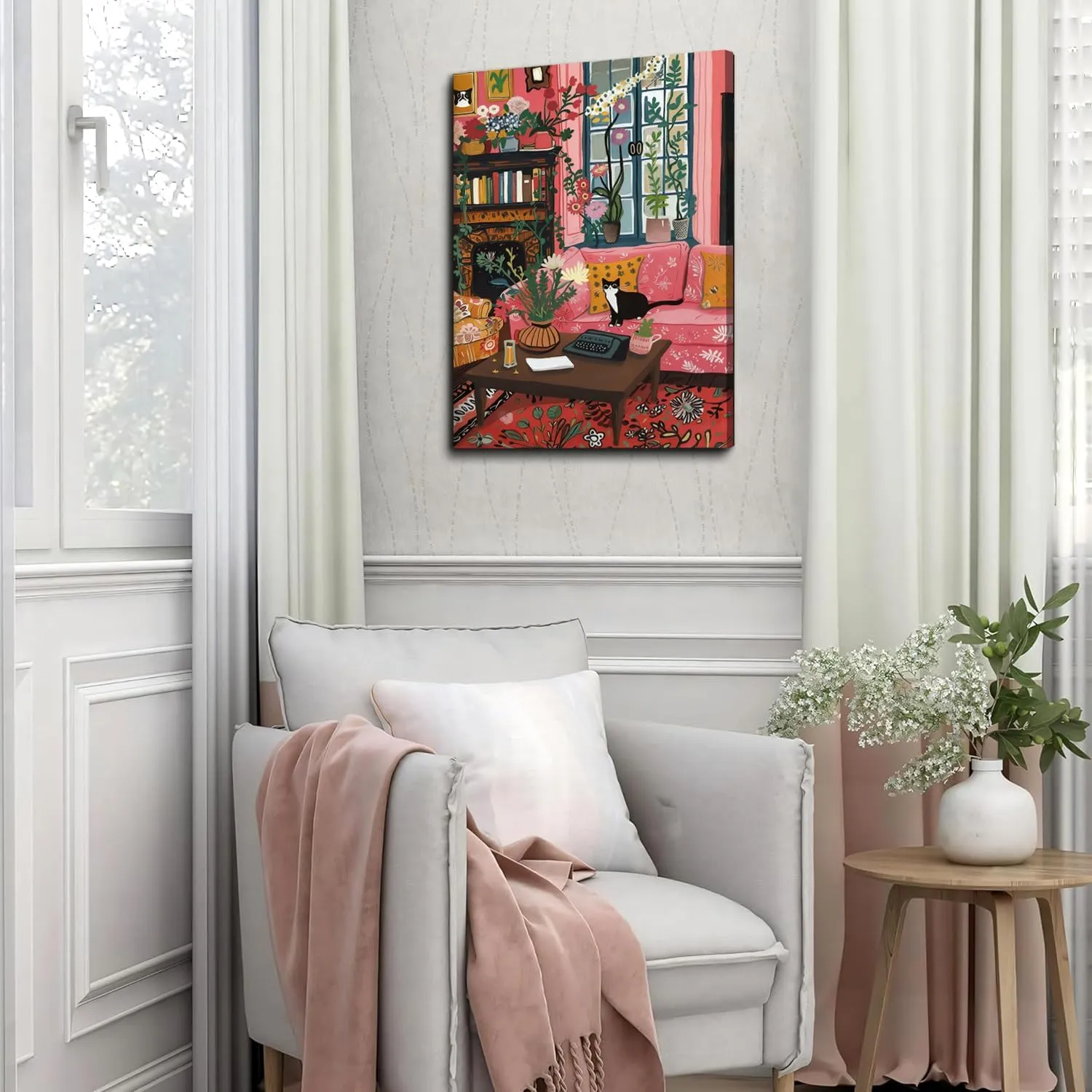 Cute Black Cat Wall Art, Matisse Impressionist Tuxedo Cat Wall Decor, Whimsical Pet Animal Sitting on Sofa Poster Canvas Paintings Prints Picture for Bedroom Living Room 12x16 inch Framed
