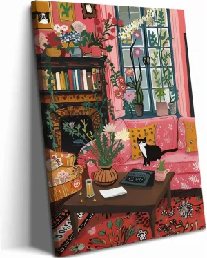 Cute Black Cat Wall Art, Matisse Impressionist Tuxedo Cat Wall Decor, Whimsical Pet Animal Sitting on Sofa Poster Canvas Paintings Prints Picture for Bedroom Living Room 12x16 inch Framed
