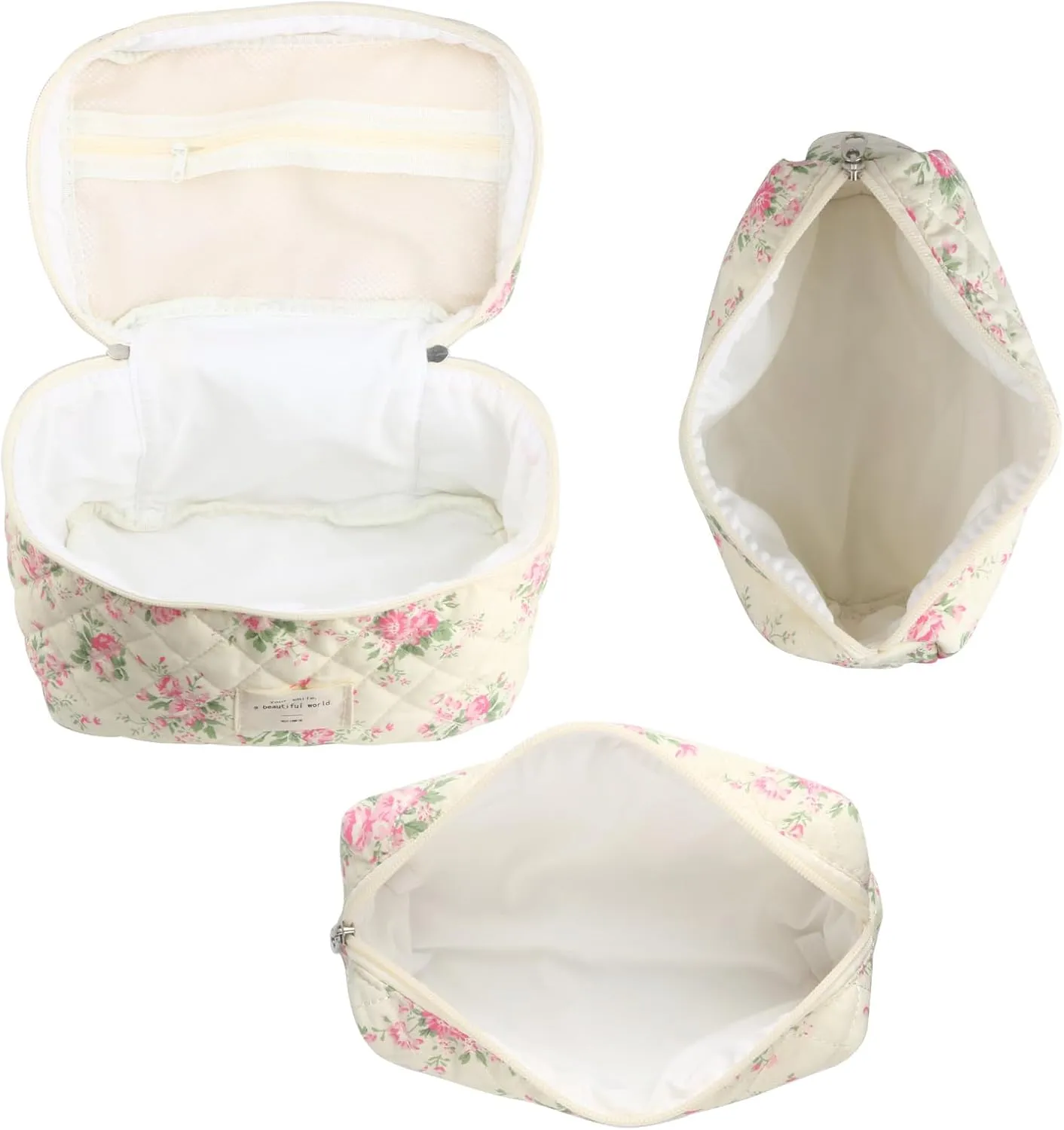 Cute Makeup Bag for Women(2 Pcs), Travel Cosmetic Bags, Quilted Coquette Aesthetic Floral Toiletry Organizer Bag (21 - Pink Flower)