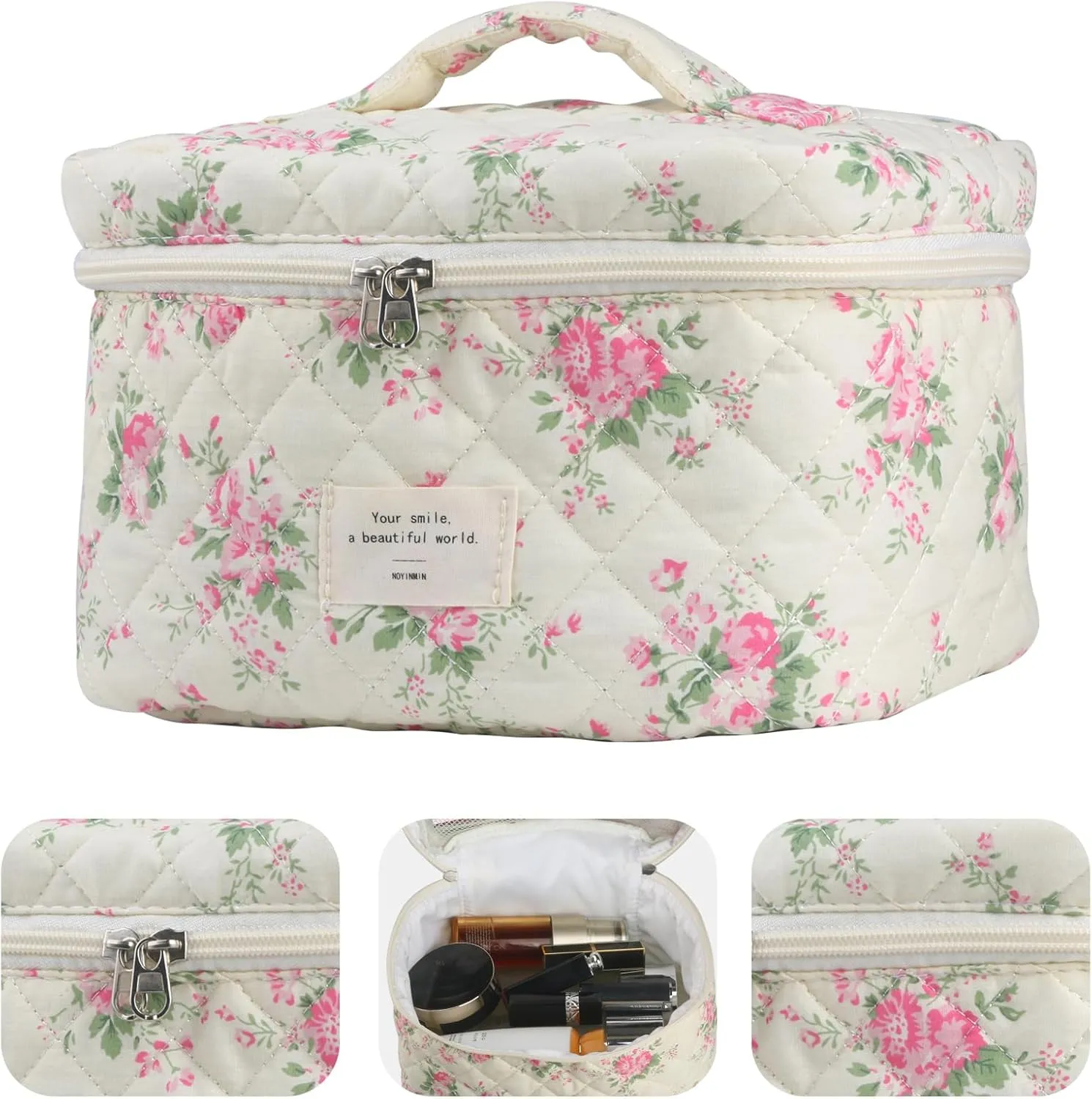 Cute Makeup Bag for Women(2 Pcs), Travel Cosmetic Bags, Quilted Coquette Aesthetic Floral Toiletry Organizer Bag (21 - Pink Flower)