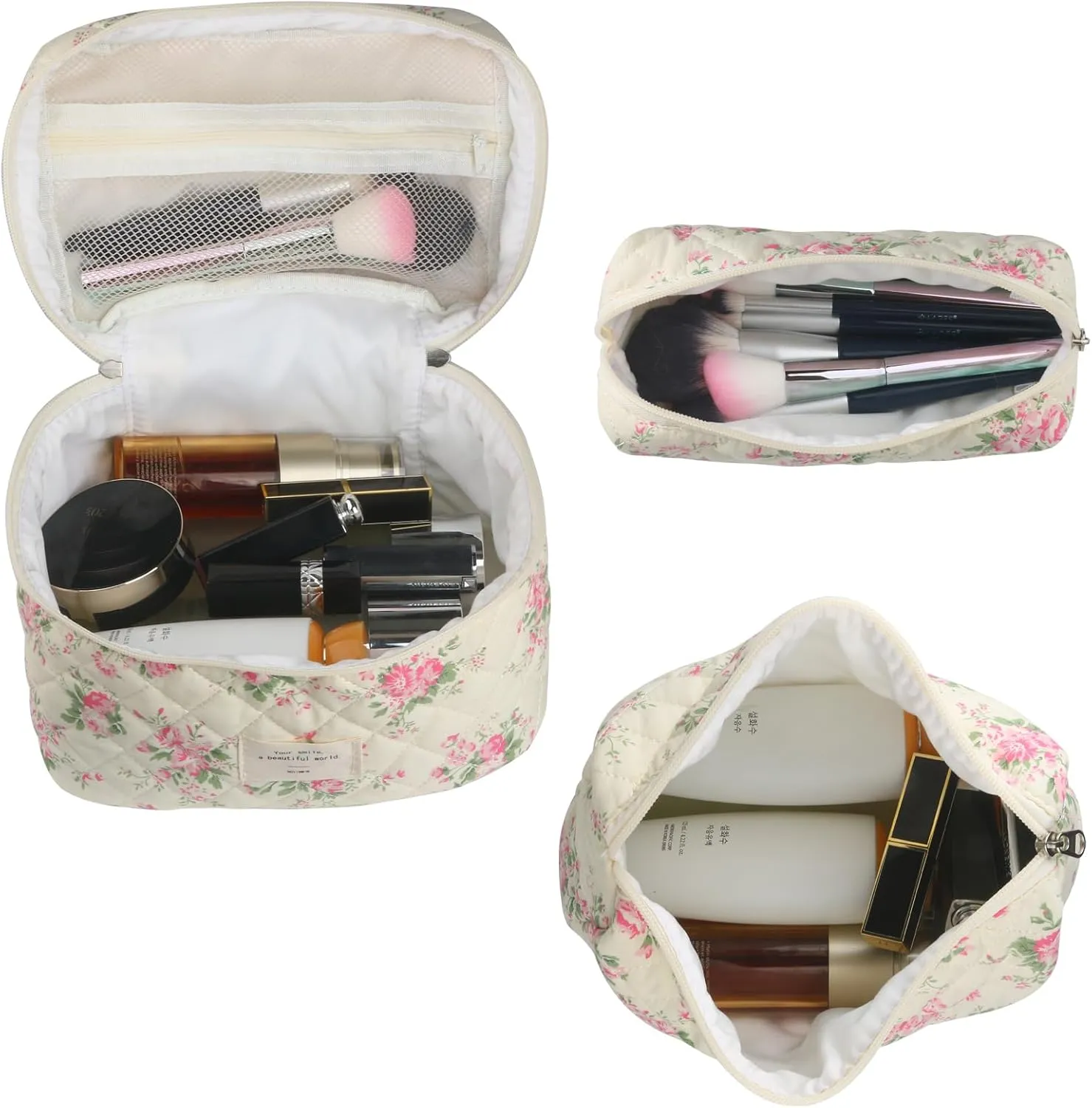 Cute Makeup Bag for Women(2 Pcs), Travel Cosmetic Bags, Quilted Coquette Aesthetic Floral Toiletry Organizer Bag (21 - Pink Flower)