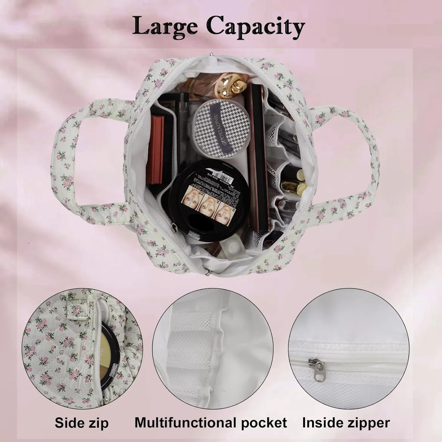 Cute Makeup Bag for Women(2 Pcs), Travel Cosmetic Bags, Quilted Coquette Aesthetic Floral Toiletry Organizer Bag (31 - Pink Rose)
