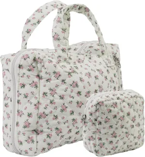 Cute Makeup Bag for Women(2 Pcs), Travel Cosmetic Bags, Quilted Coquette Aesthetic Floral Toiletry Organizer Bag (31 - Pink Rose)