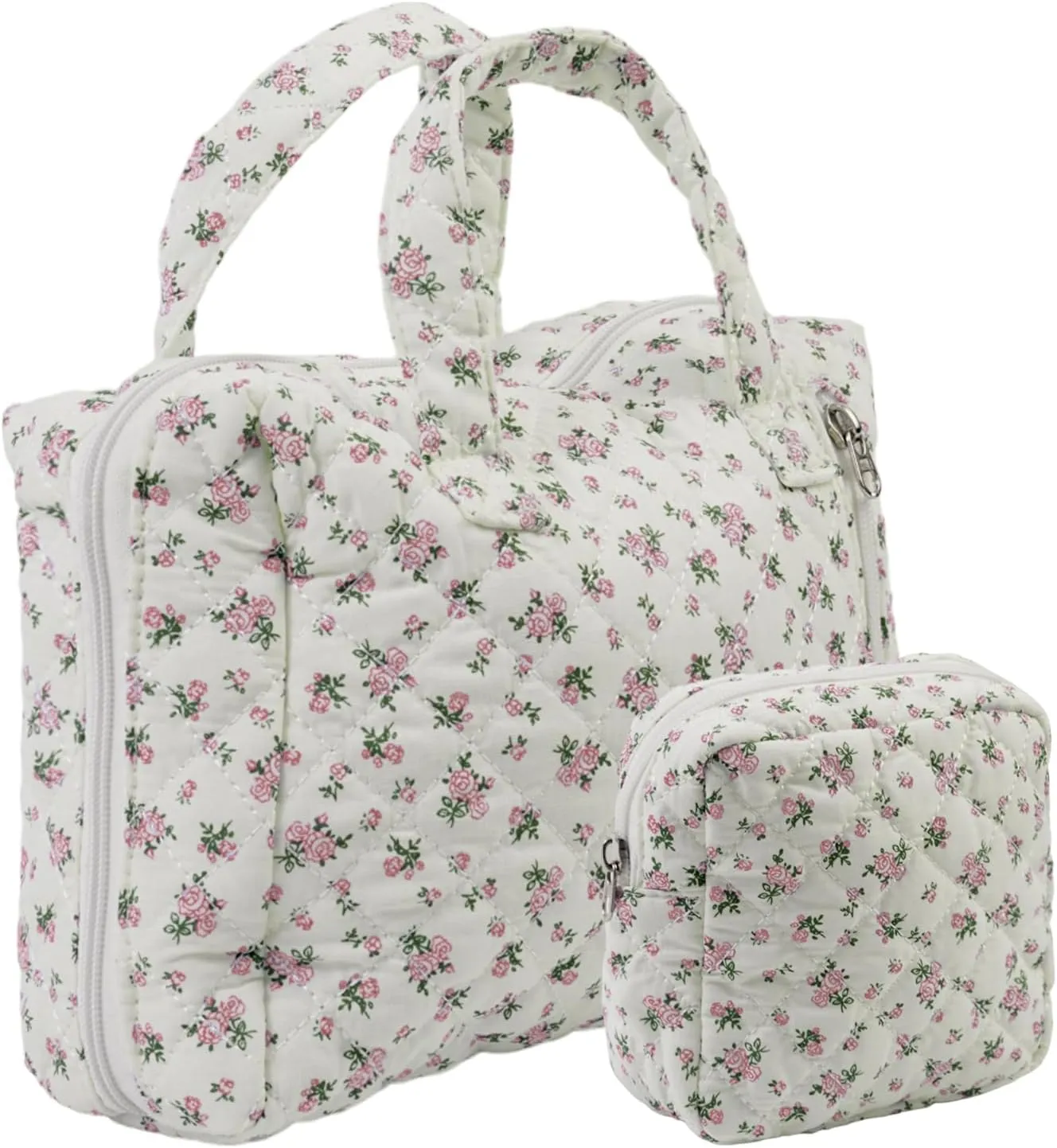 Cute Makeup Bag for Women(2 Pcs), Travel Cosmetic Bags, Quilted Coquette Aesthetic Floral Toiletry Organizer Bag (31 - Pink Rose)