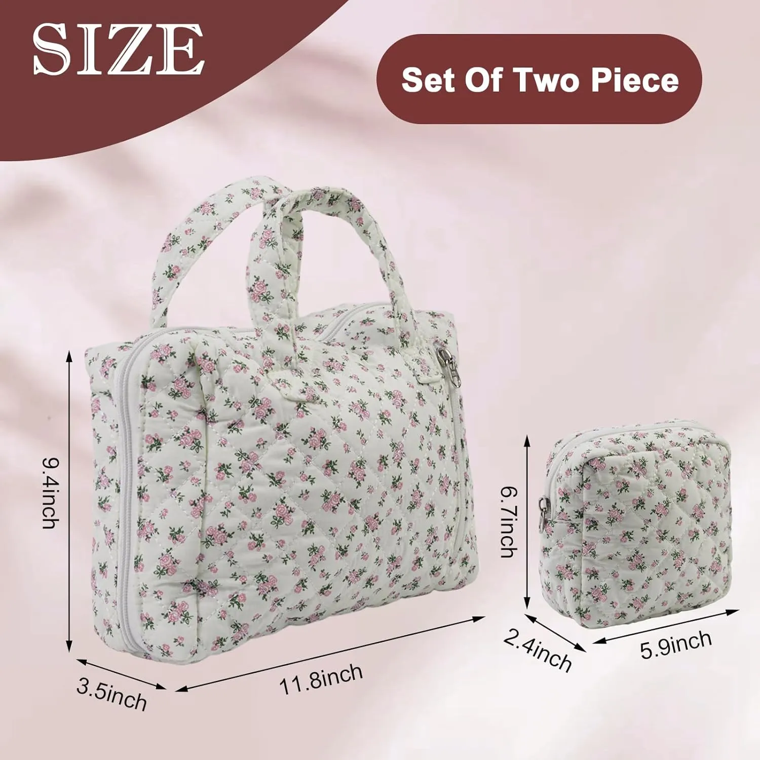 Cute Makeup Bag for Women(2 Pcs), Travel Cosmetic Bags, Quilted Coquette Aesthetic Floral Toiletry Organizer Bag (31 - Pink Rose)