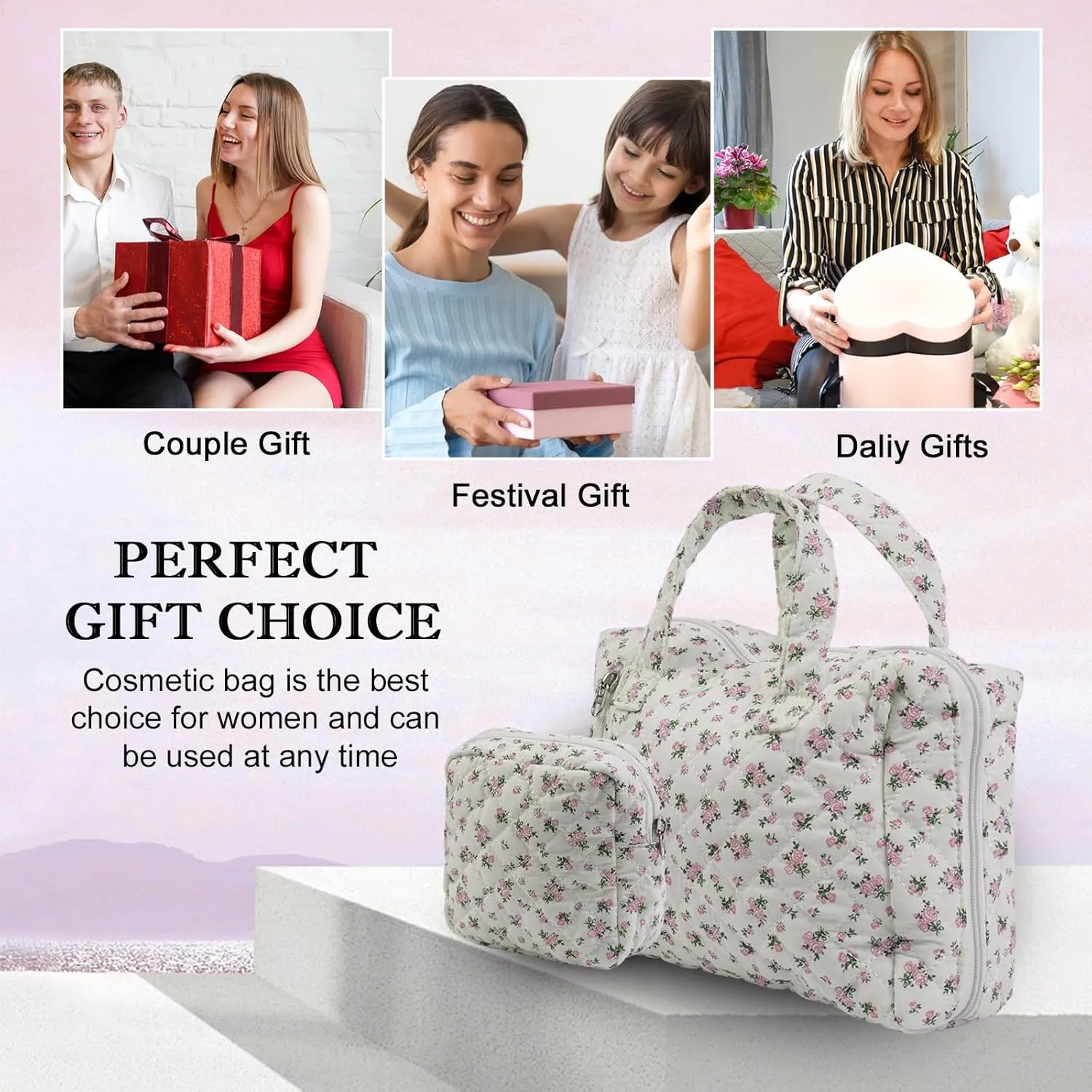 Cute Makeup Bag for Women(2 Pcs), Travel Cosmetic Bags, Quilted Coquette Aesthetic Floral Toiletry Organizer Bag (31 - Pink Rose)