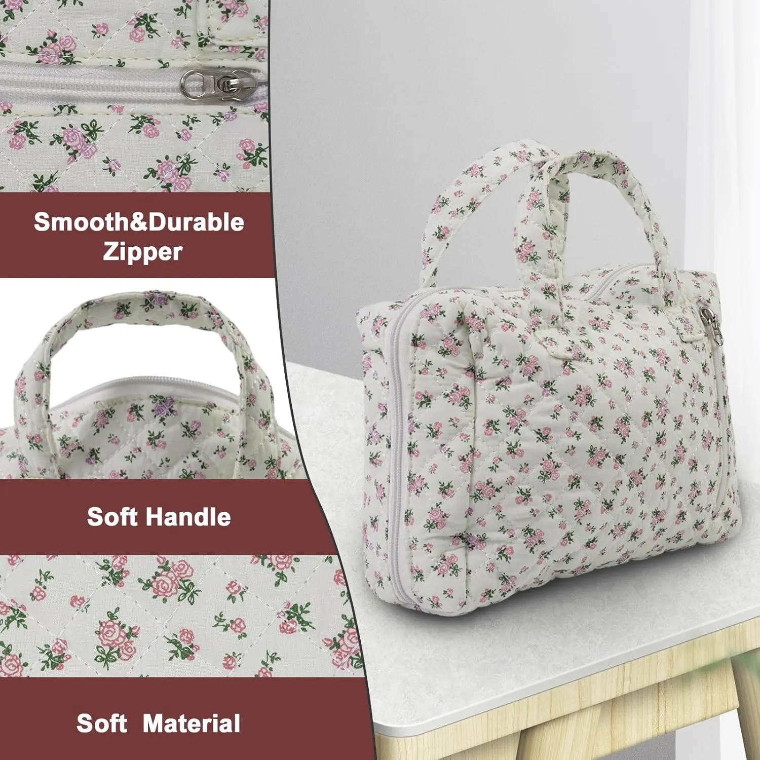 Cute Makeup Bag for Women(2 Pcs), Travel Cosmetic Bags, Quilted Coquette Aesthetic Floral Toiletry Organizer Bag (31 - Pink Rose)
