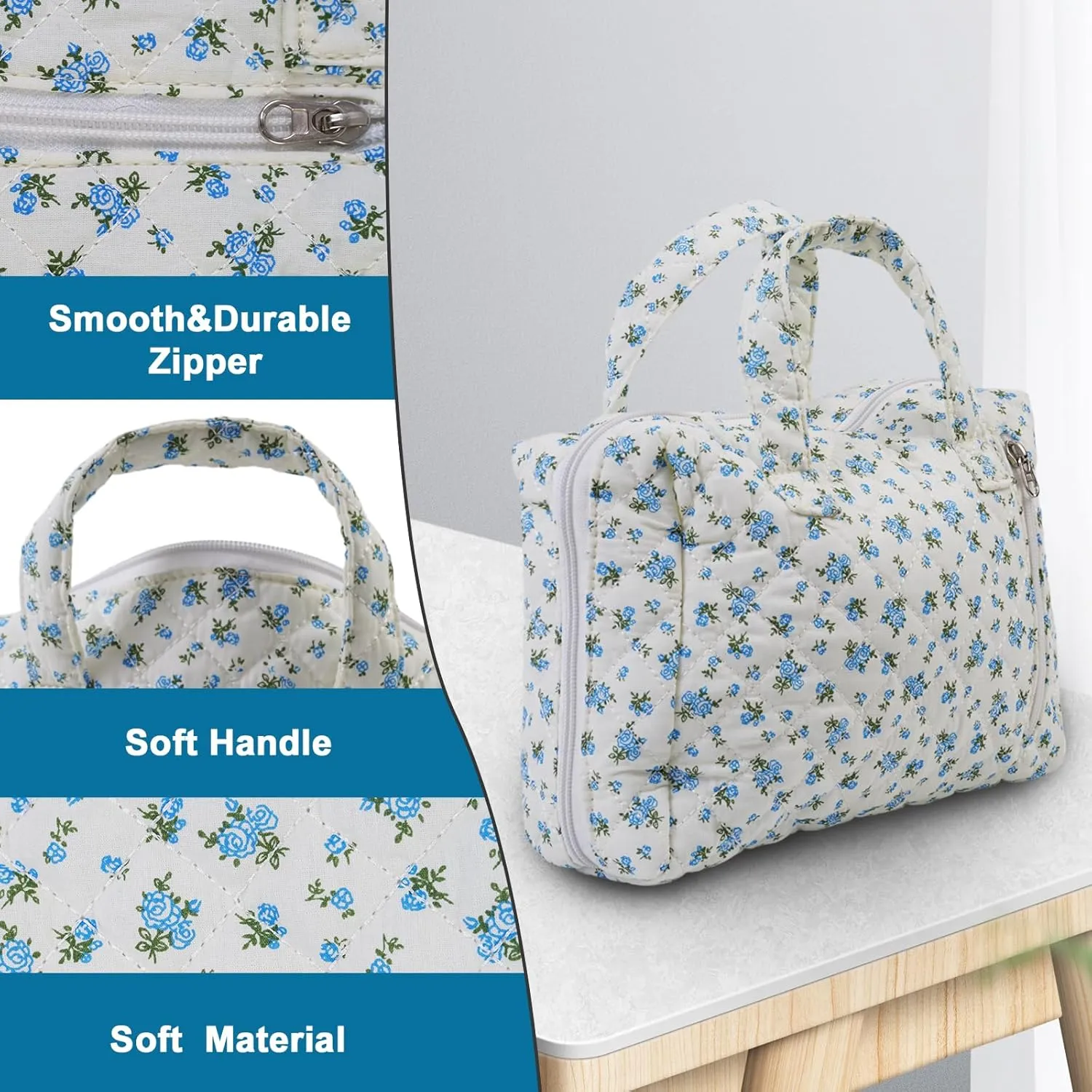Cute Makeup Bag for Women(2 Pcs), Travel Cosmetic Bags, Quilted Coquette Aesthetic Floral Toiletry Organizer Bag (32 - Blue Rose)
