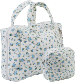 Cute Makeup Bag for Women(2 Pcs), Travel Cosmetic Bags, Quilted Coquette Aesthetic Floral Toiletry Organizer Bag (32 - Blue Rose)