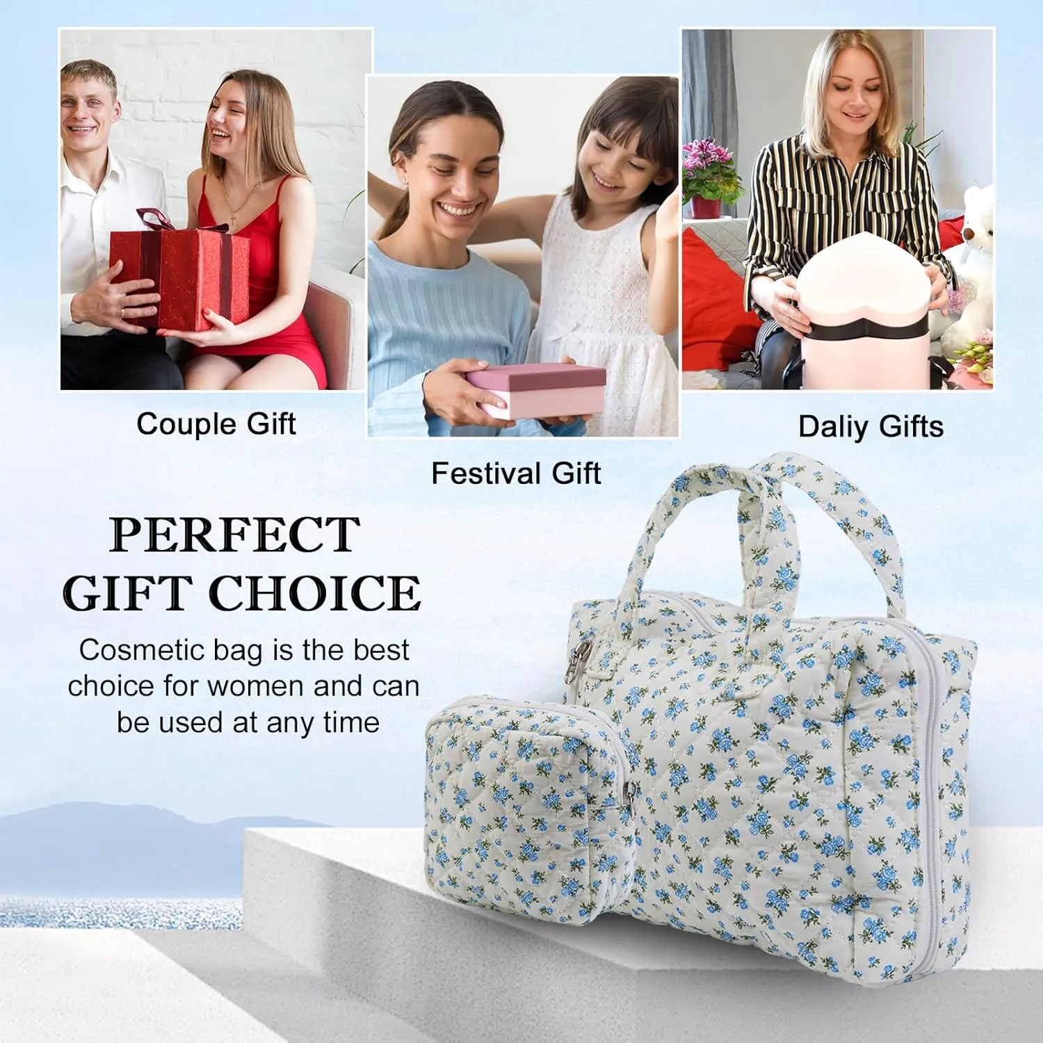 Cute Makeup Bag for Women(2 Pcs), Travel Cosmetic Bags, Quilted Coquette Aesthetic Floral Toiletry Organizer Bag (32 - Blue Rose)
