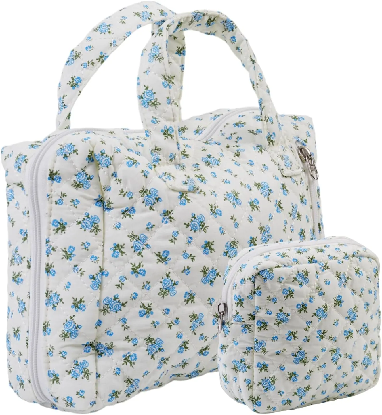 Cute Makeup Bag for Women(2 Pcs), Travel Cosmetic Bags, Quilted Coquette Aesthetic Floral Toiletry Organizer Bag (32 - Blue Rose)