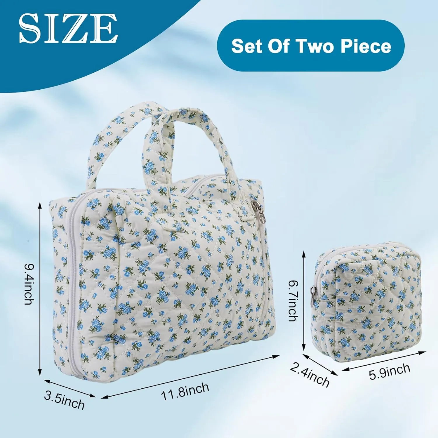 Cute Makeup Bag for Women(2 Pcs), Travel Cosmetic Bags, Quilted Coquette Aesthetic Floral Toiletry Organizer Bag (32 - Blue Rose)
