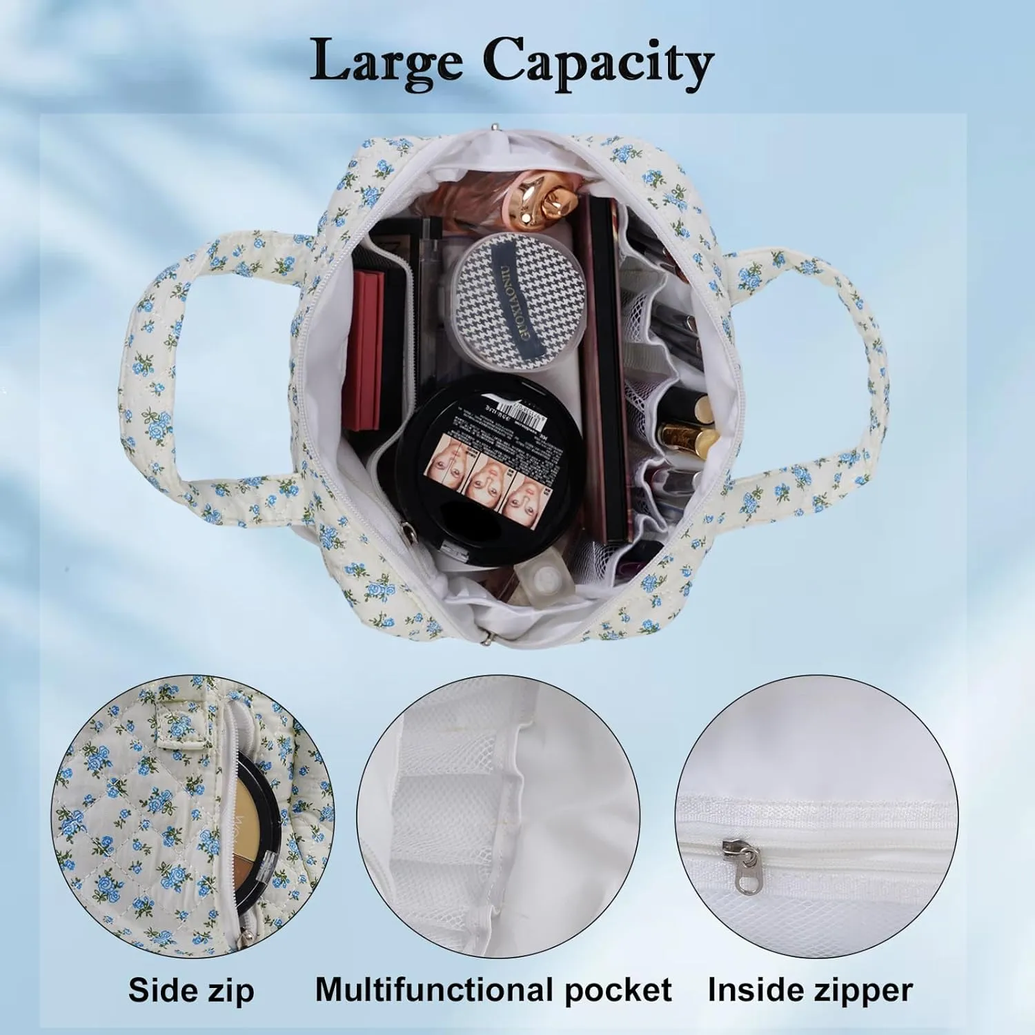 Cute Makeup Bag for Women(2 Pcs), Travel Cosmetic Bags, Quilted Coquette Aesthetic Floral Toiletry Organizer Bag (32 - Blue Rose)