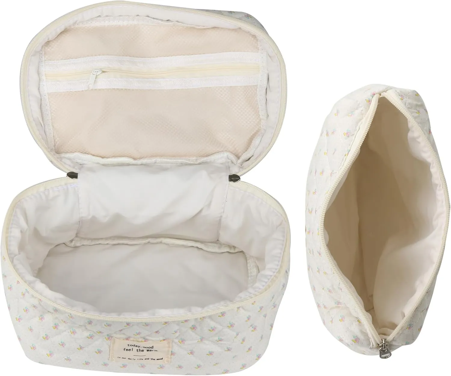 Cute Makeup Bag for Women(2 Pcs), Travel Cosmetic Bags, Quilted Coquette Aesthetic Floral Toiletry Organizer Bag (Little Flower)