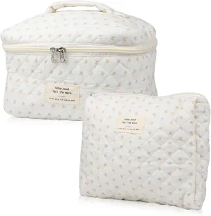 Cute Makeup Bag for Women(2 Pcs), Travel Cosmetic Bags, Quilted Coquette Aesthetic Floral Toiletry Organizer Bag (Little Flower)