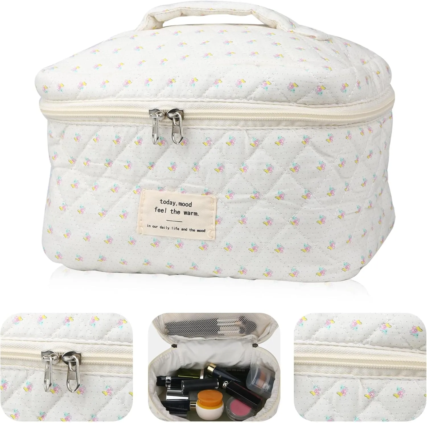 Cute Makeup Bag for Women(2 Pcs), Travel Cosmetic Bags, Quilted Coquette Aesthetic Floral Toiletry Organizer Bag (Little Flower)
