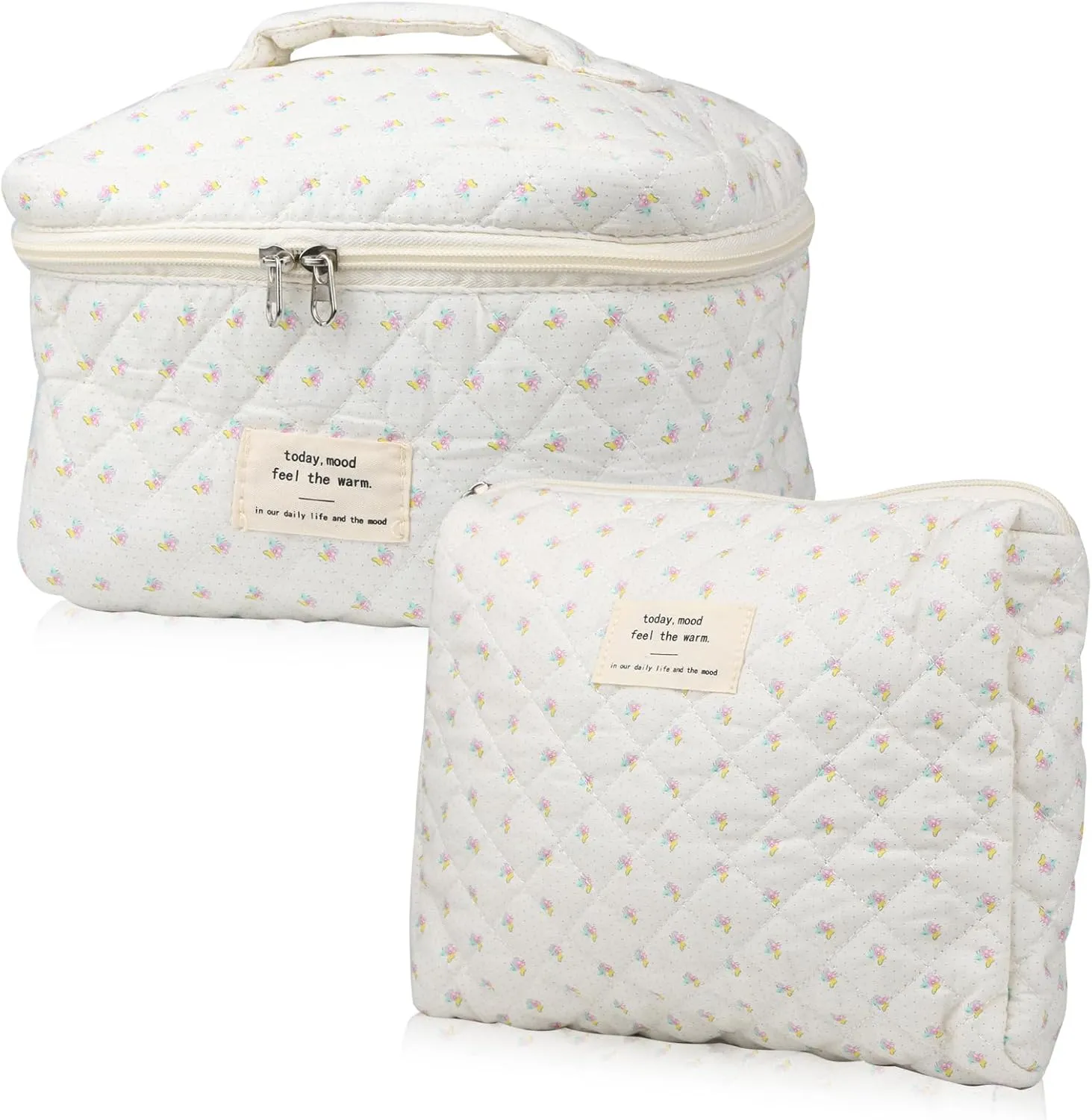 Cute Makeup Bag for Women(2 Pcs), Travel Cosmetic Bags, Quilted Coquette Aesthetic Floral Toiletry Organizer Bag (Little Flower)