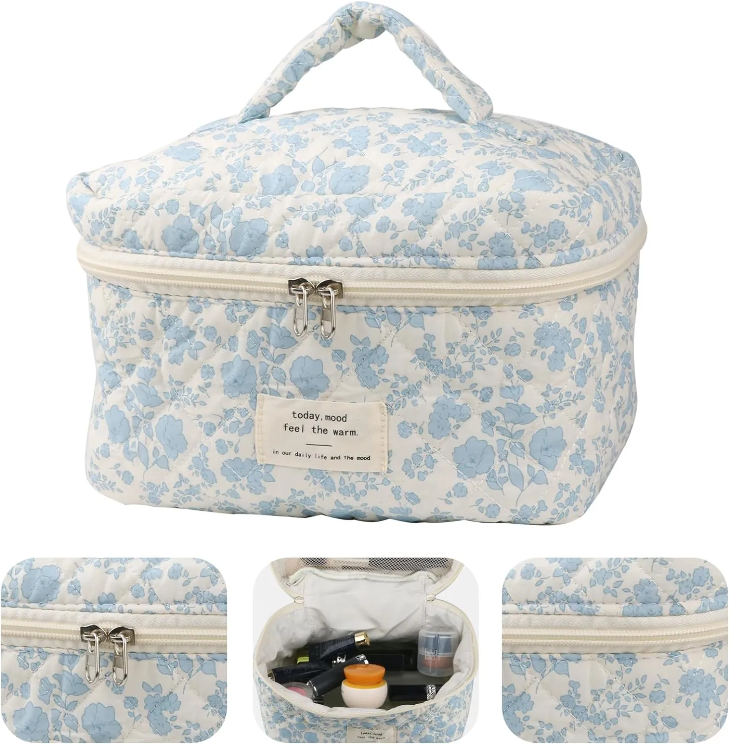 Cute Makeup Bag for Women(2 Pcs), Travel Cosmetic Bags, Quilted Coquette Aesthetic Floral Toiletry Organizer Bag (NavyBlue Flower)