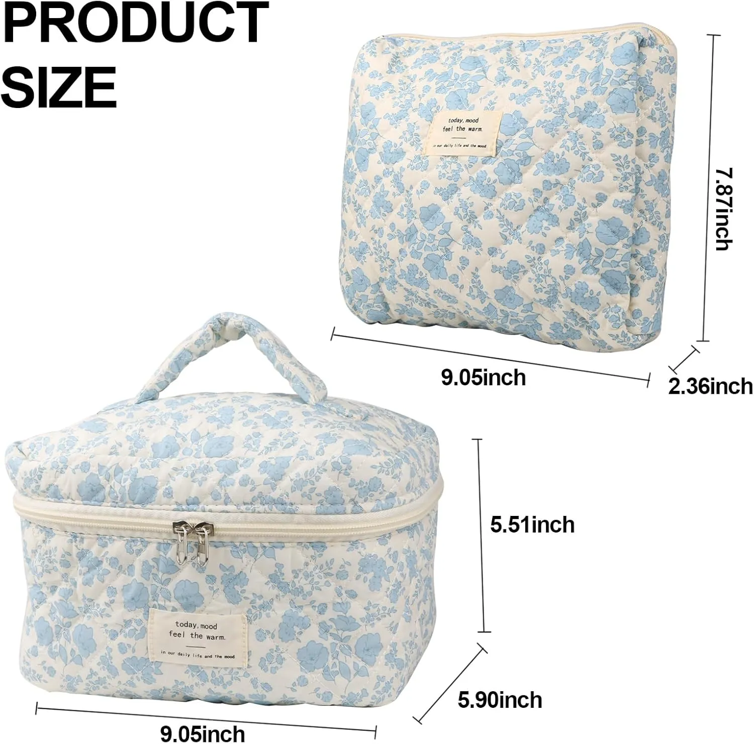 Cute Makeup Bag for Women(2 Pcs), Travel Cosmetic Bags, Quilted Coquette Aesthetic Floral Toiletry Organizer Bag (NavyBlue Flower)