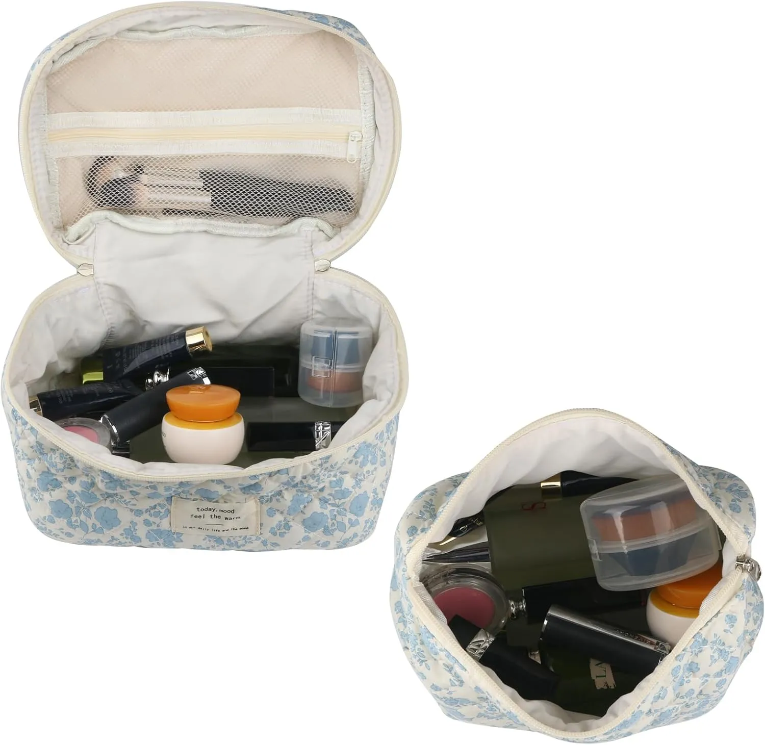 Cute Makeup Bag for Women(2 Pcs), Travel Cosmetic Bags, Quilted Coquette Aesthetic Floral Toiletry Organizer Bag (NavyBlue Flower)