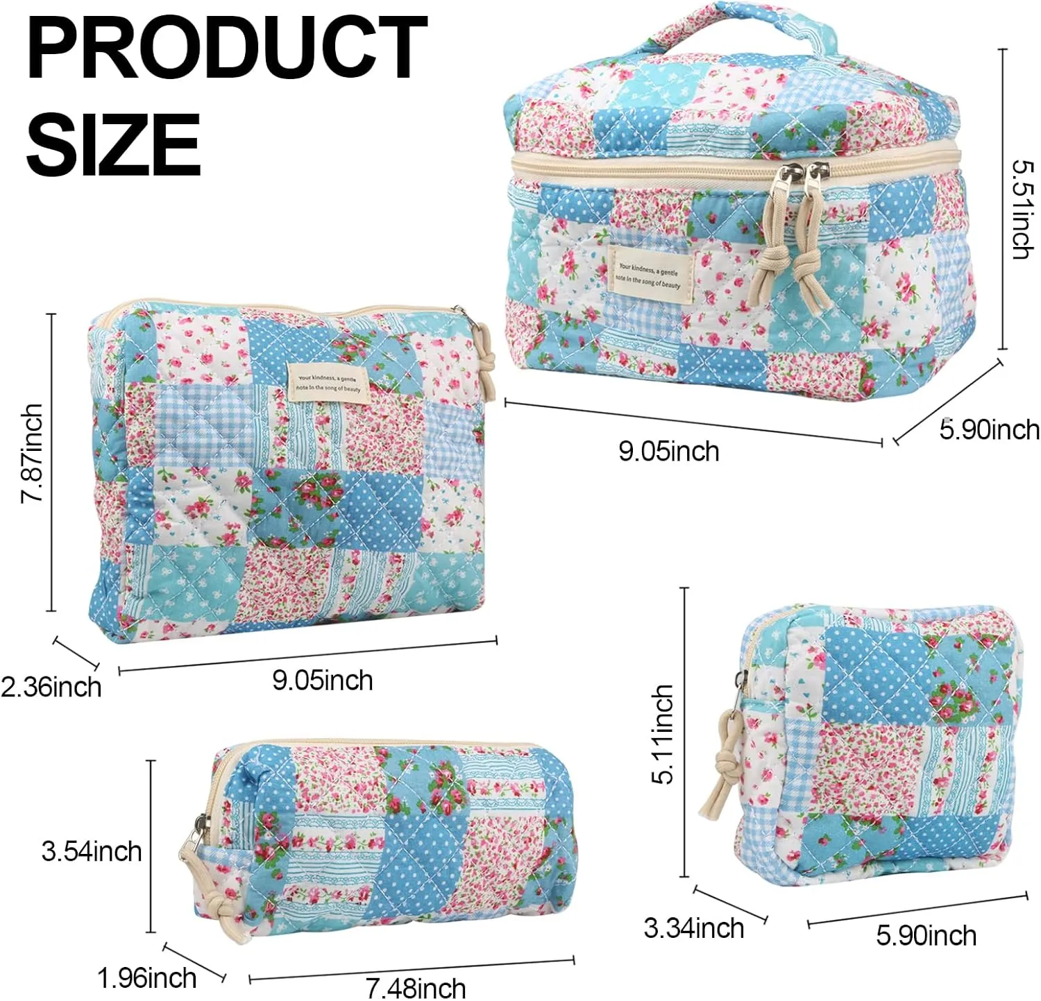 Cute Makeup Bag for Women(4 Pcs), Travel Cosmetic Bags, Quilted Coquette Aesthetic Floral Toiletry Organizer Bag (43 - Grid Rose/4PCS)