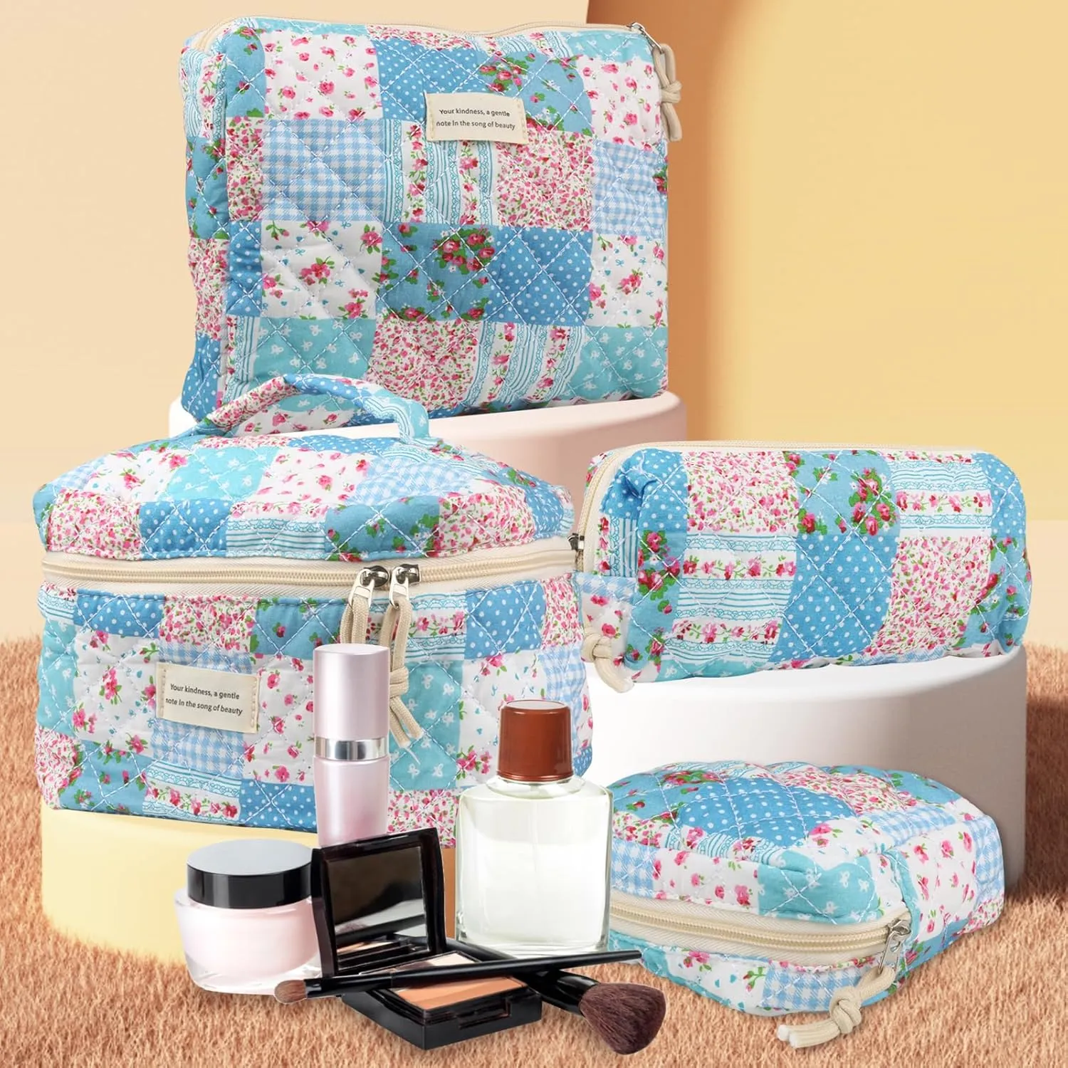 Cute Makeup Bag for Women(4 Pcs), Travel Cosmetic Bags, Quilted Coquette Aesthetic Floral Toiletry Organizer Bag (43 - Grid Rose/4PCS)
