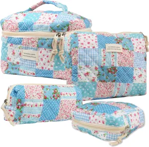 Cute Makeup Bag for Women(4 Pcs), Travel Cosmetic Bags, Quilted Coquette Aesthetic Floral Toiletry Organizer Bag (43 - Grid Rose/4PCS)