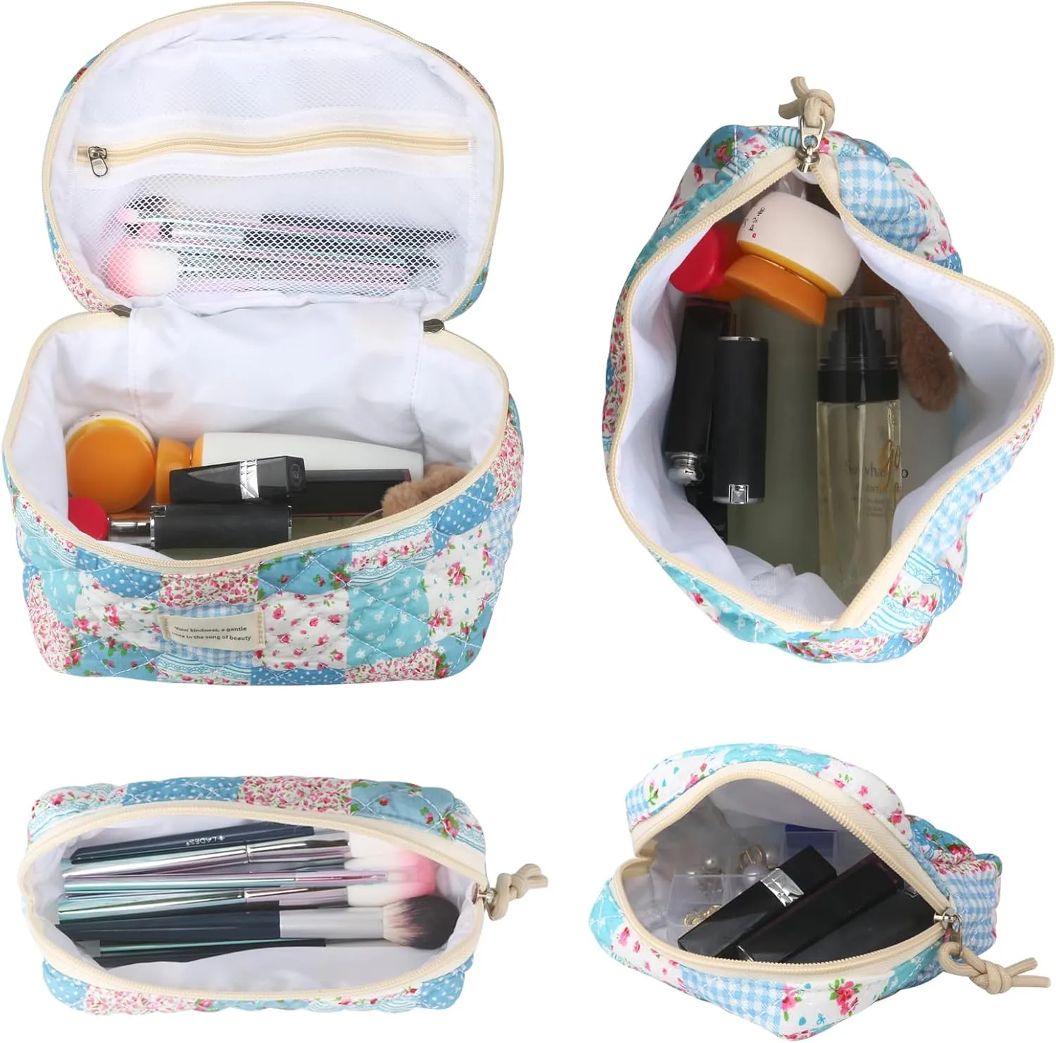 Cute Makeup Bag for Women(4 Pcs), Travel Cosmetic Bags, Quilted Coquette Aesthetic Floral Toiletry Organizer Bag (43 - Grid Rose/4PCS)