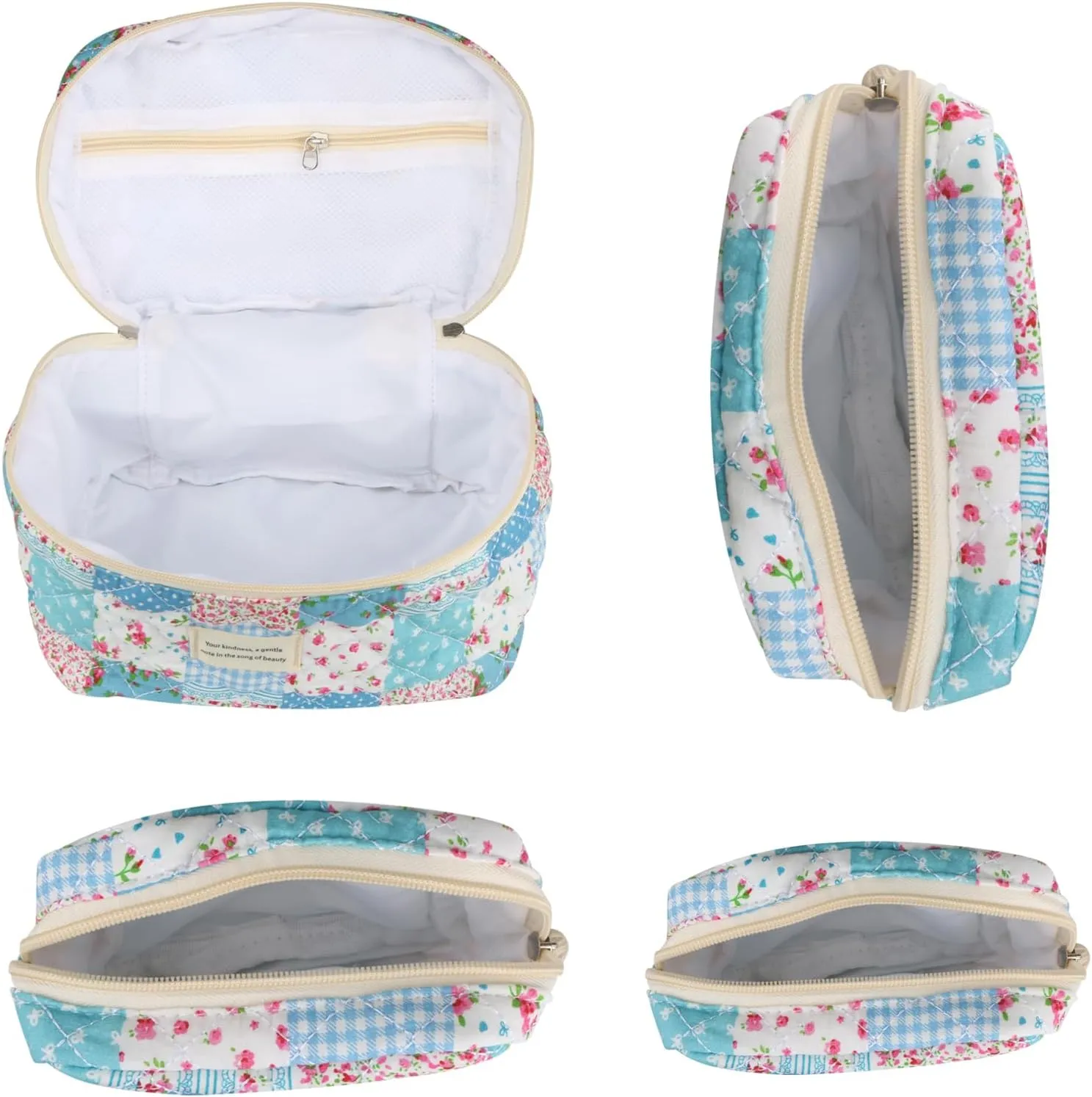 Cute Makeup Bag for Women(4 Pcs), Travel Cosmetic Bags, Quilted Coquette Aesthetic Floral Toiletry Organizer Bag (43 - Grid Rose/4PCS)