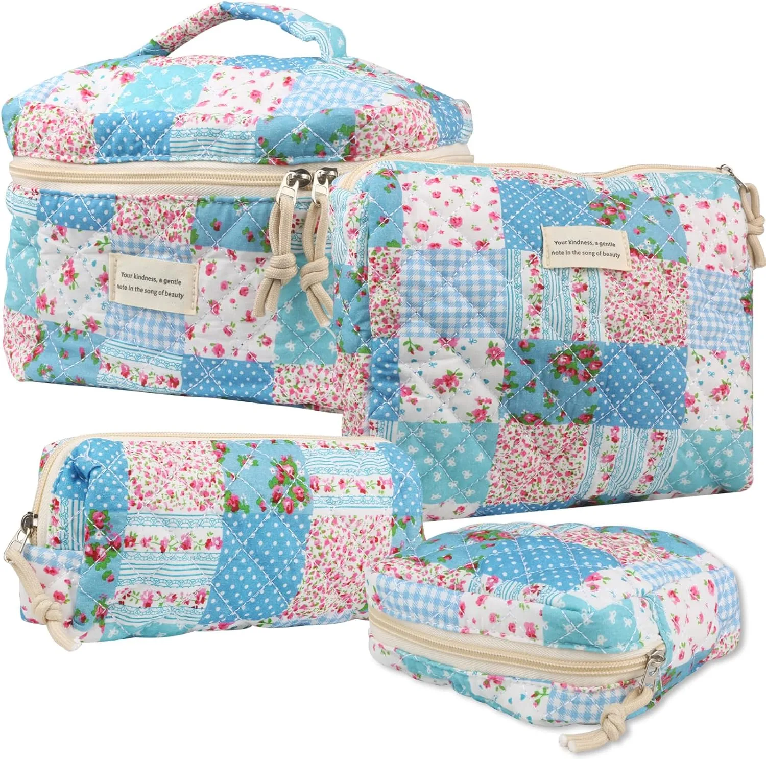 Cute Makeup Bag for Women(4 Pcs), Travel Cosmetic Bags, Quilted Coquette Aesthetic Floral Toiletry Organizer Bag (43 - Grid Rose/4PCS)