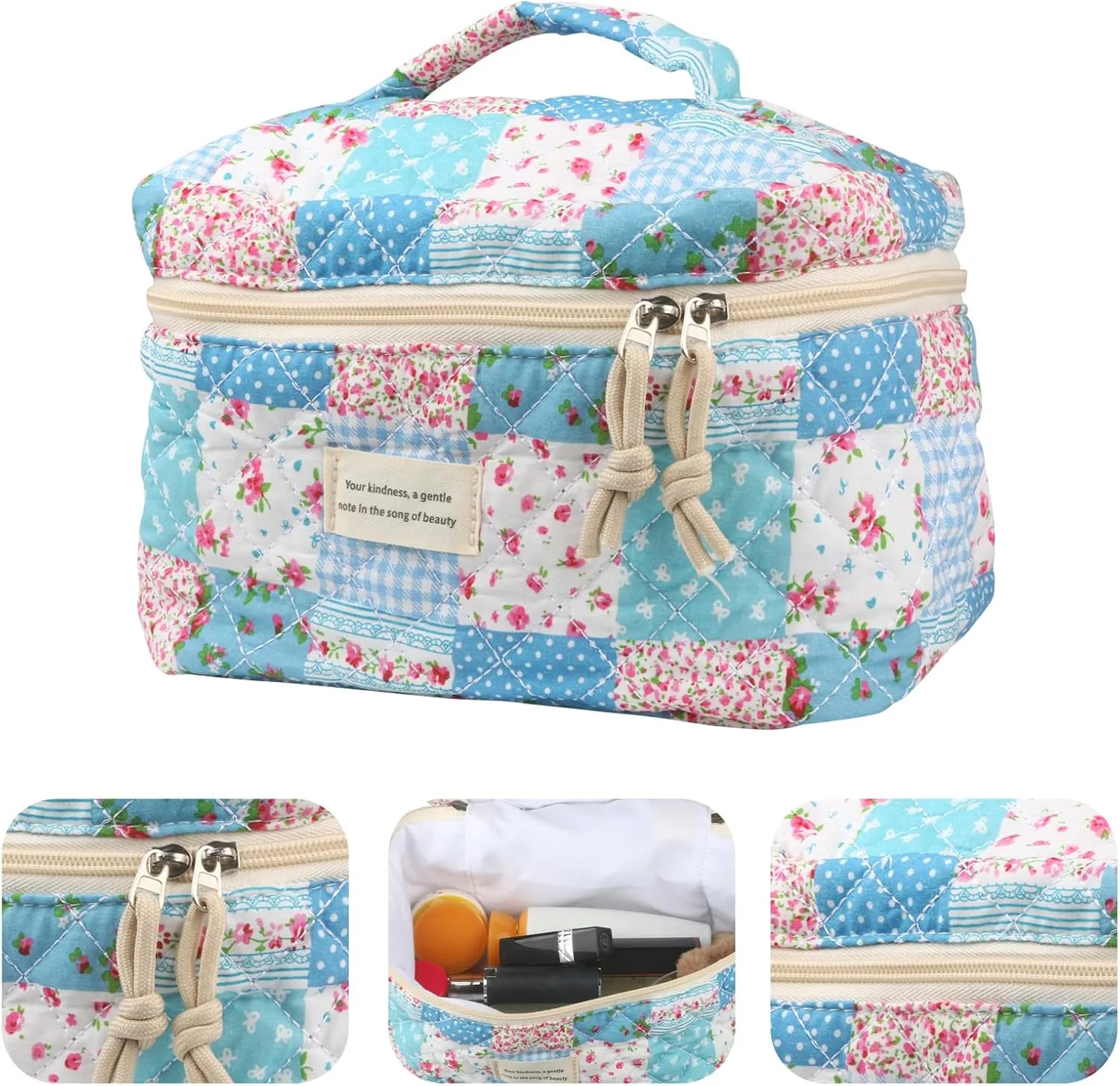 Cute Makeup Bag for Women(4 Pcs), Travel Cosmetic Bags, Quilted Coquette Aesthetic Floral Toiletry Organizer Bag (43 - Grid Rose/4PCS)