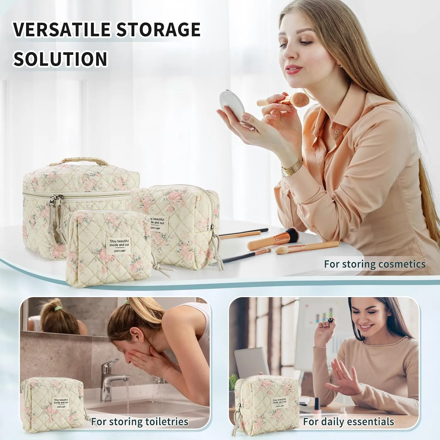 Cute Quilted Floral Makeup Bag(3Pcs)，Coquette Aesthetic Cosmetic Bag，Travel Toiletry Bags， Kawaii Aesthetic pouch for Women (3 - Pink Flower)