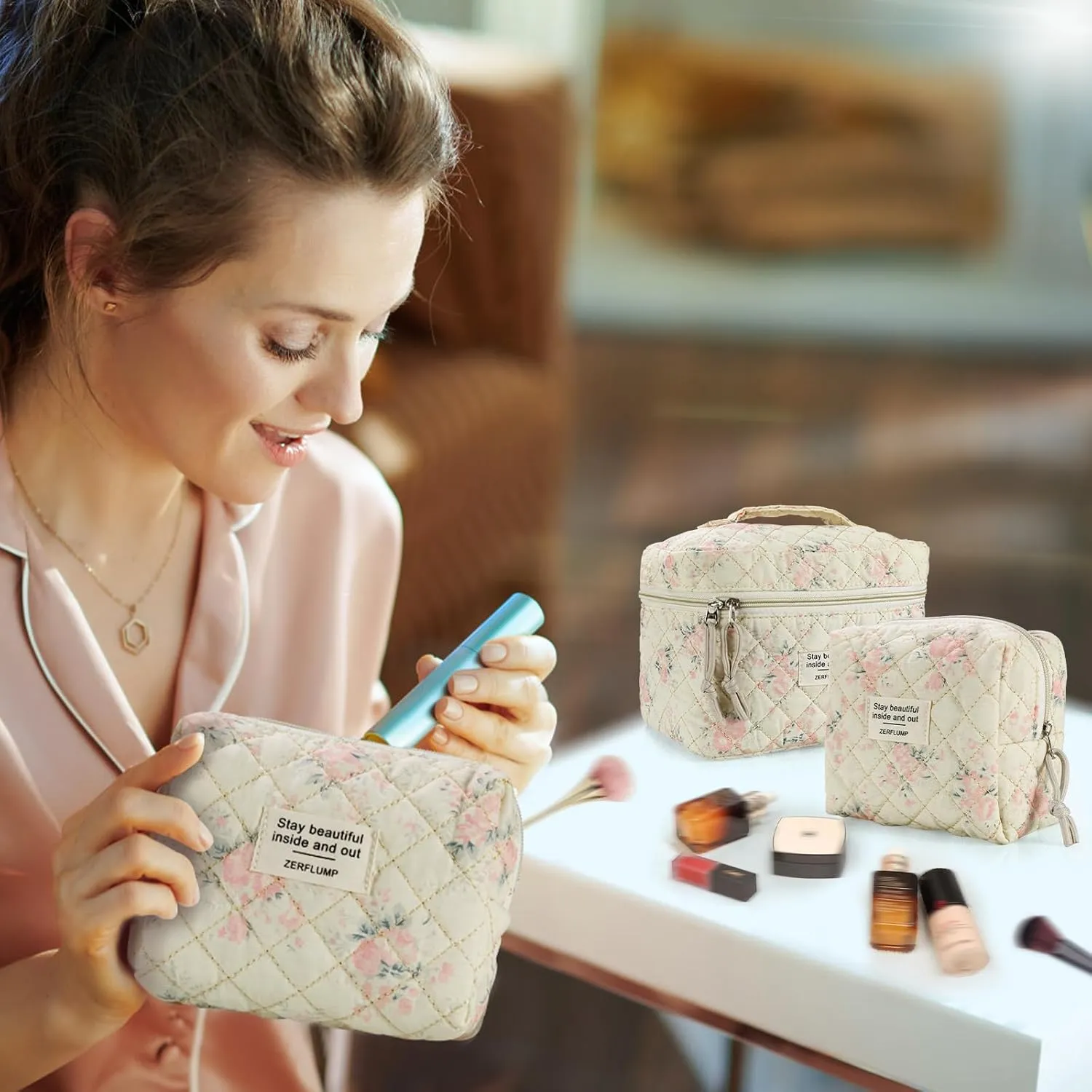 Cute Quilted Floral Makeup Bag(3Pcs)，Coquette Aesthetic Cosmetic Bag，Travel Toiletry Bags， Kawaii Aesthetic pouch for Women (3 - Pink Flower)