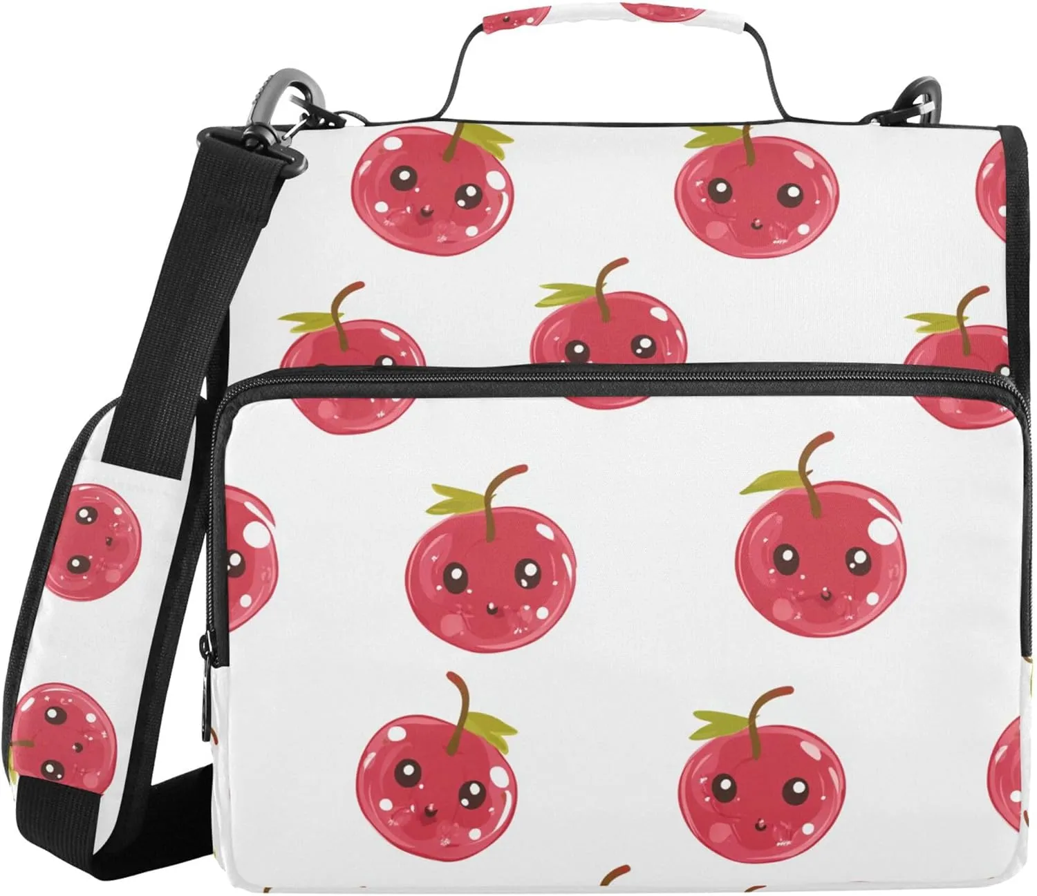 Cute Redcurrant Fruit White Zippered Binder Bag with Shoulder Strap Multiple Pockets 1.5 Inch 3 Rings Storage Bag Portfolio Binder Office Supplies