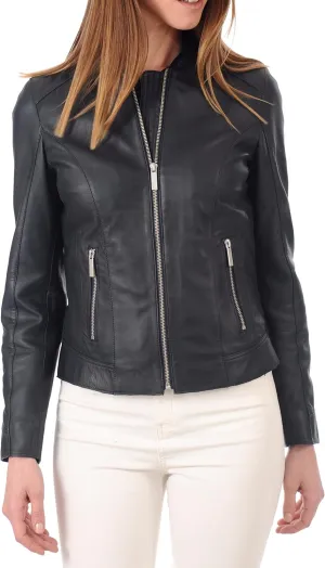 D DOLLY LAMB Women's Lambskin Leather Moto Biker Jacket, Winter Wear Round Neck Collar Jacket for Bike Riding & Casual Wear