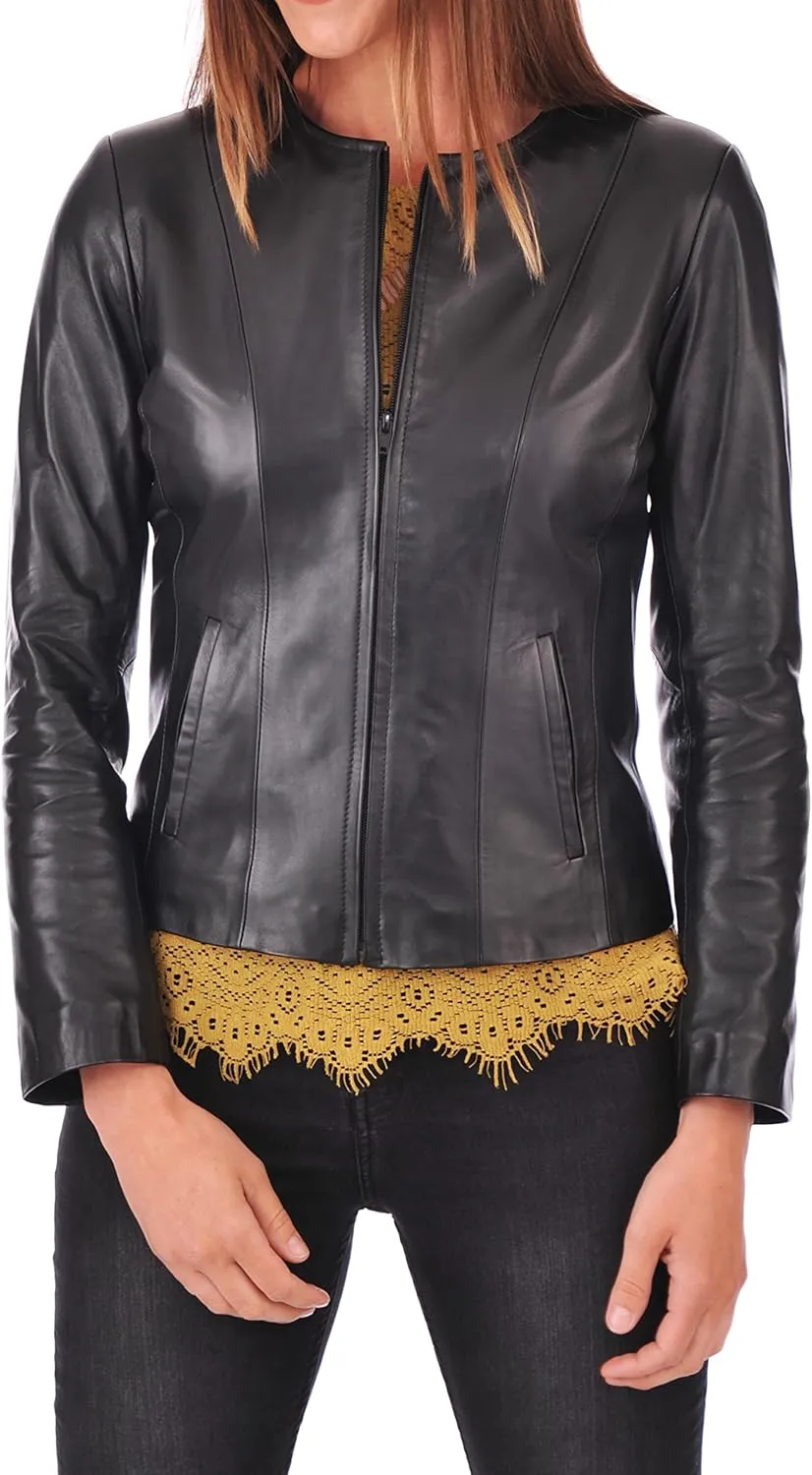 D DOLLY LAMB Women's Lambskin Leather Moto Biker Jacket, Winter Wear Round Neck Collar Jacket for Bike Riding & Casual Wear