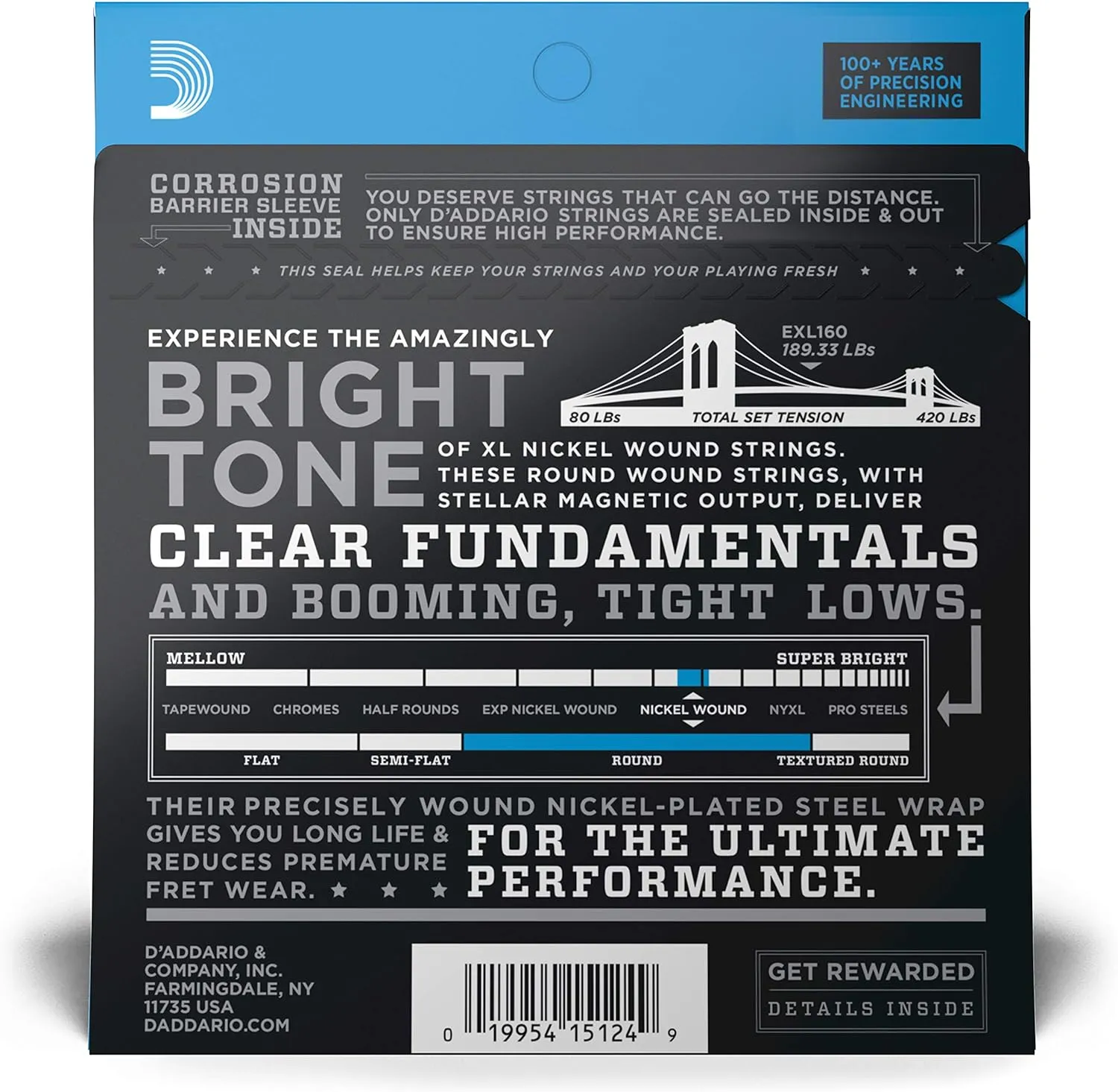 D'Addario Bass Guitar Strings - XL Nickel - EXL160 - Perfect Intonation, Consistent Feel, Powerful Durability - 4 String Set - 50-105 Medium, Long Scale