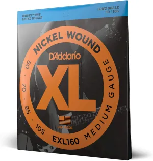 D'Addario Bass Guitar Strings - XL Nickel - EXL160 - Perfect Intonation, Consistent Feel, Powerful Durability - 4 String Set - 50-105 Medium, Long Scale