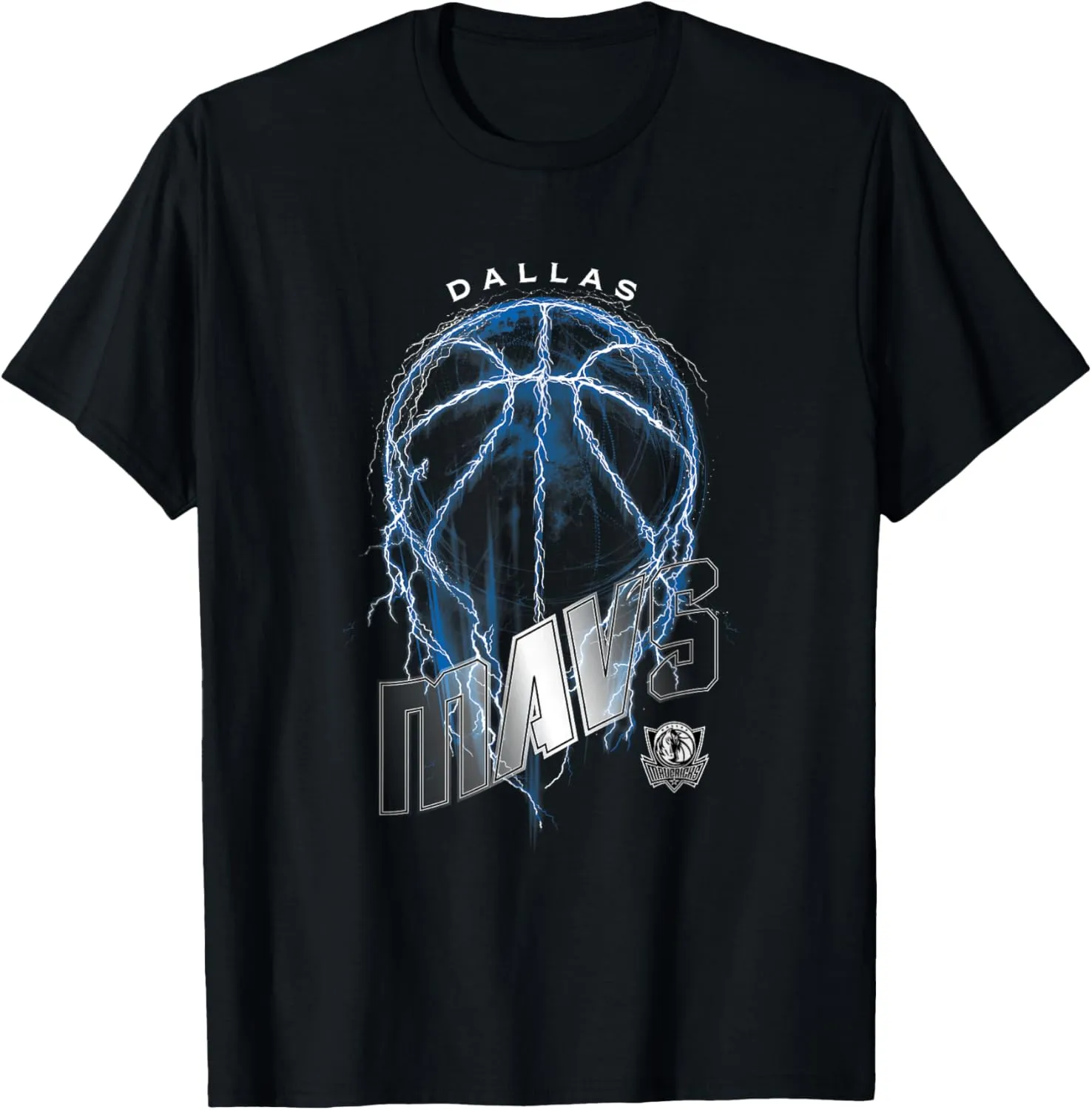 Dallas Mavericks NBA Lightning Bolt Basketball Logo T-Shirt - Unisex-Adults, Black, Small