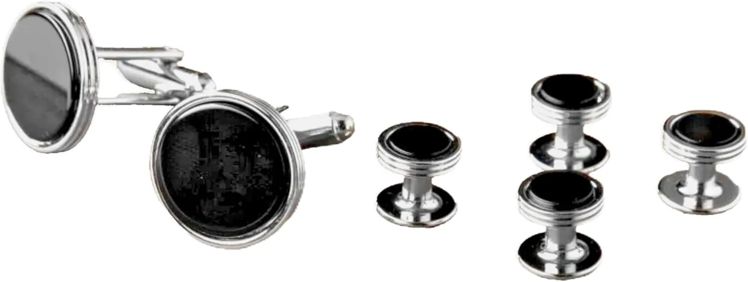 David's Formal Wear Ike Behar Men's Black Onyx with Concentric Rings Boarder Studs and Cufflinks Set Silver Trim, Regular