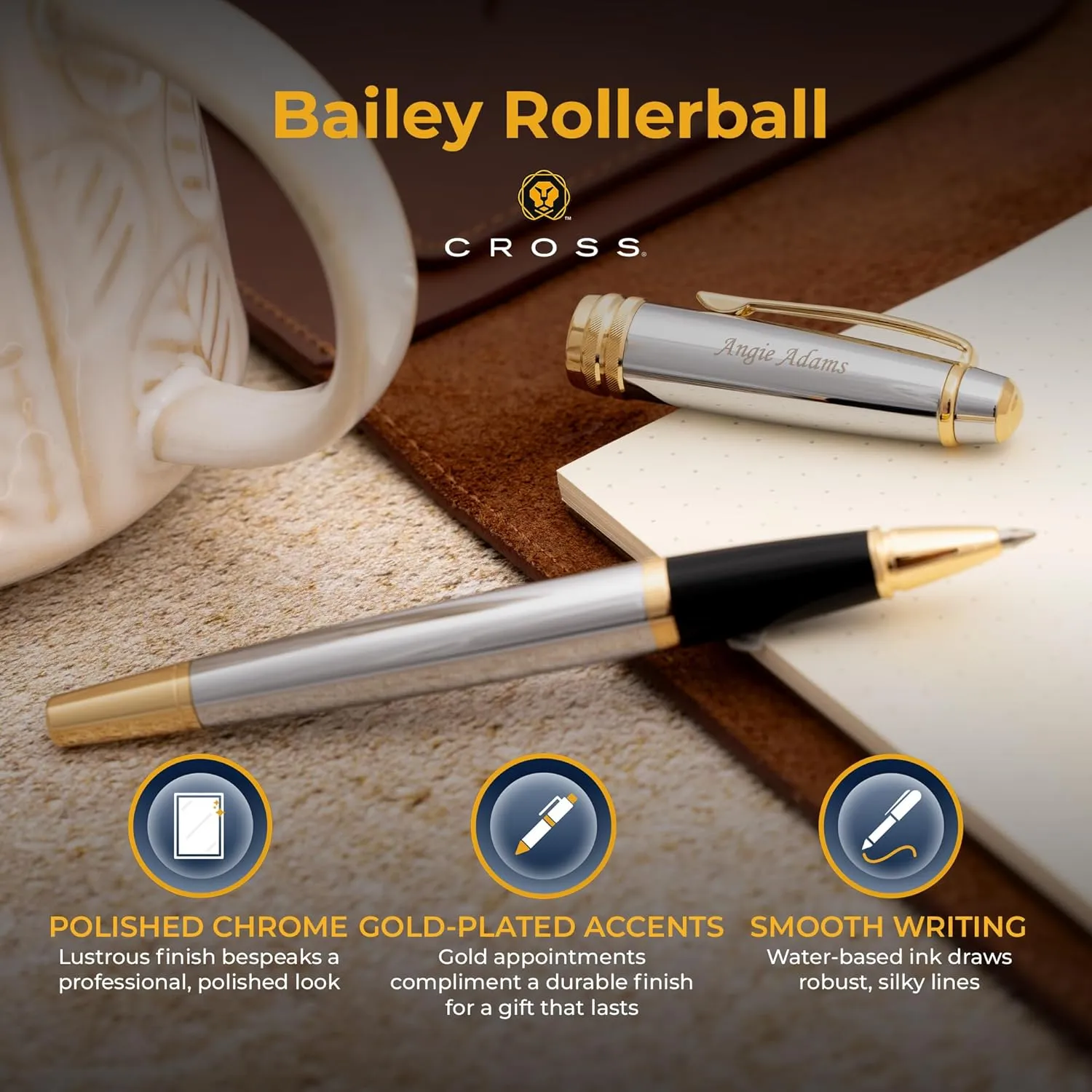 Dayspring Pens Personalized Cross Bailey Medalist Rollerball Pen | Custom Engraved Luxury Cross Pens for Men, Women, Professionals & Executives with Gift Box | Smooth Black Ink | Chrome with Gold Trim