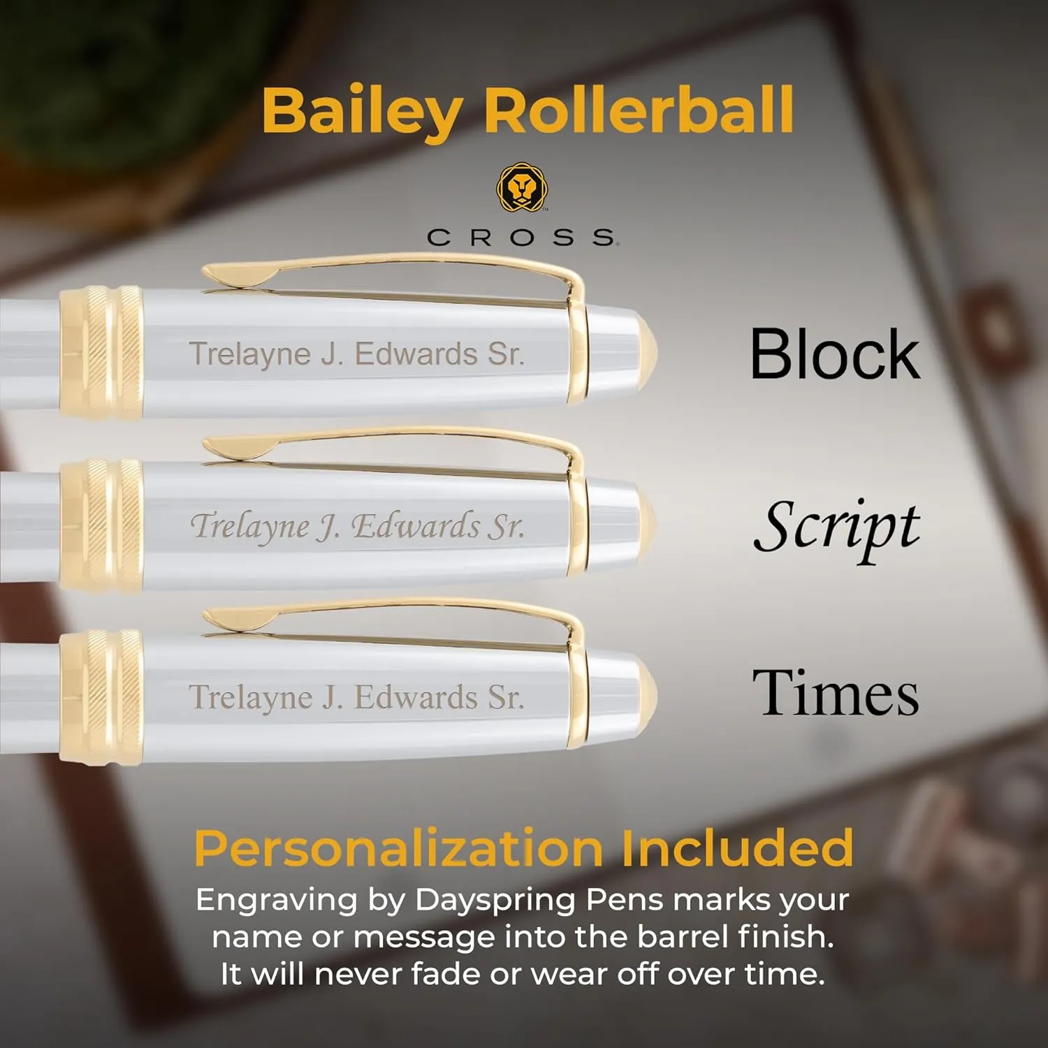 Dayspring Pens Personalized Cross Bailey Medalist Rollerball Pen | Custom Engraved Luxury Cross Pens for Men, Women, Professionals & Executives with Gift Box | Smooth Black Ink | Chrome with Gold Trim