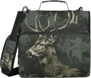 Deer Hunting on Dark Green Camouflage Sturdy Zipper Binder with Shoulder Strap & Handle Multi-Pocket 1.5 Inch 3 Rings Pencil Cases Portfolio Binder Paperwork Business
