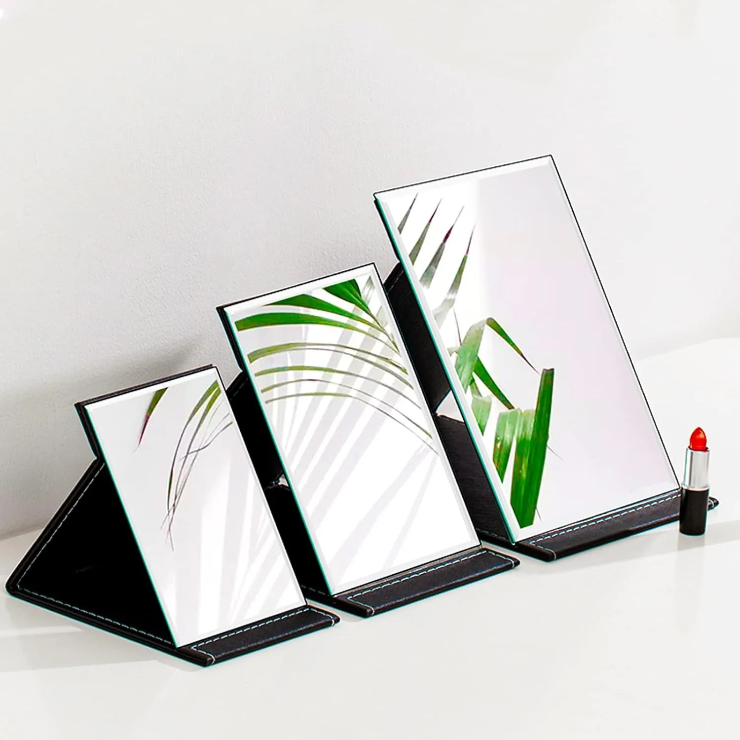 Desk Mirror, Pu Leather Portable Folding Desktop Makeup Mirror With Adjustable Stand For Personal Office Travelling,Table Mirror High Clear Stand Mirror, Compact Travel Mirror, Black Make-up mirror wi