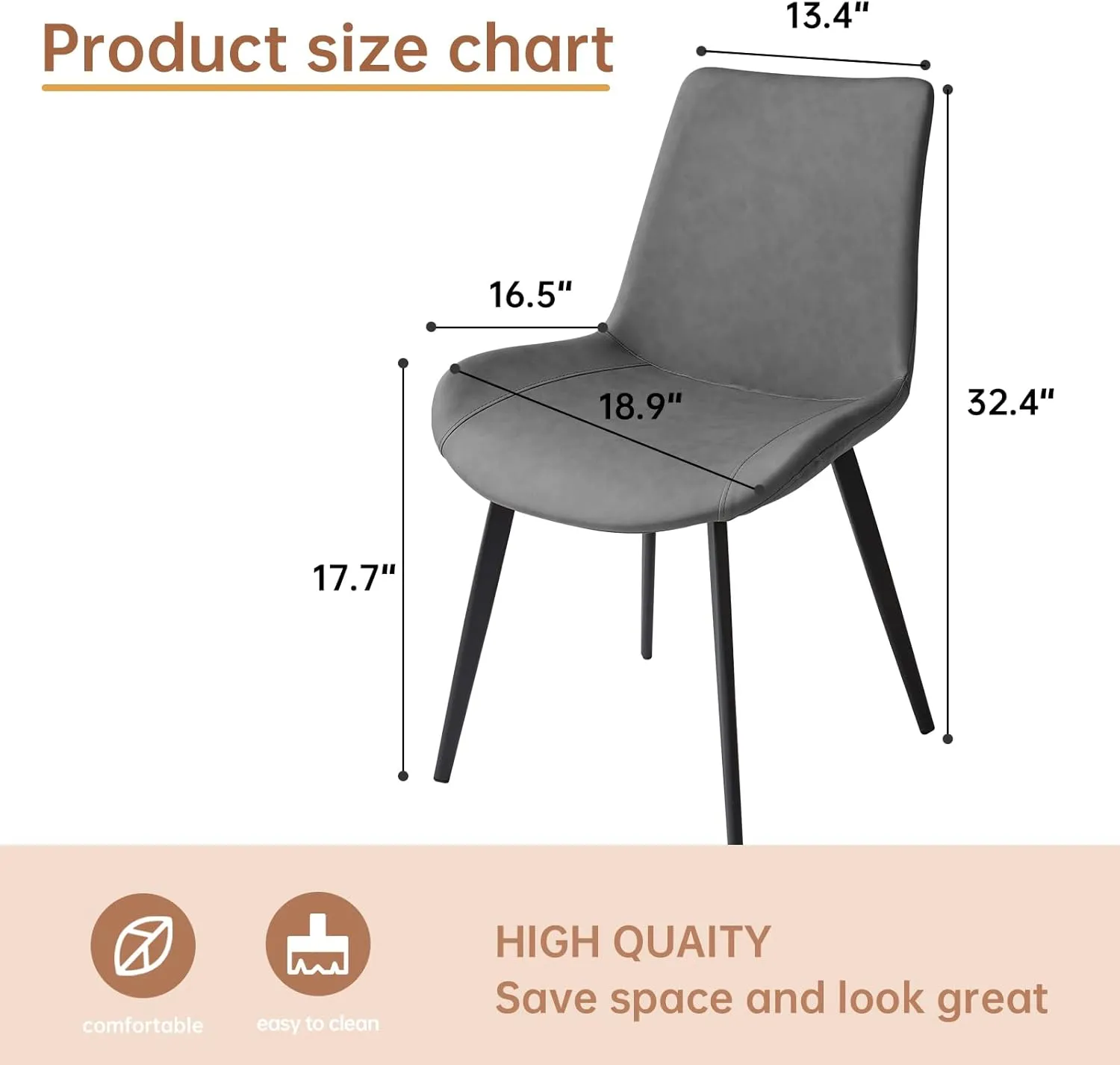 Dining Chairs Set of 2, Modern Kitchen & Dining Room Chairs, Upholstered Faux Leather Cushion Seat and Sturdy Metal Legs (2 Grey Chairs)