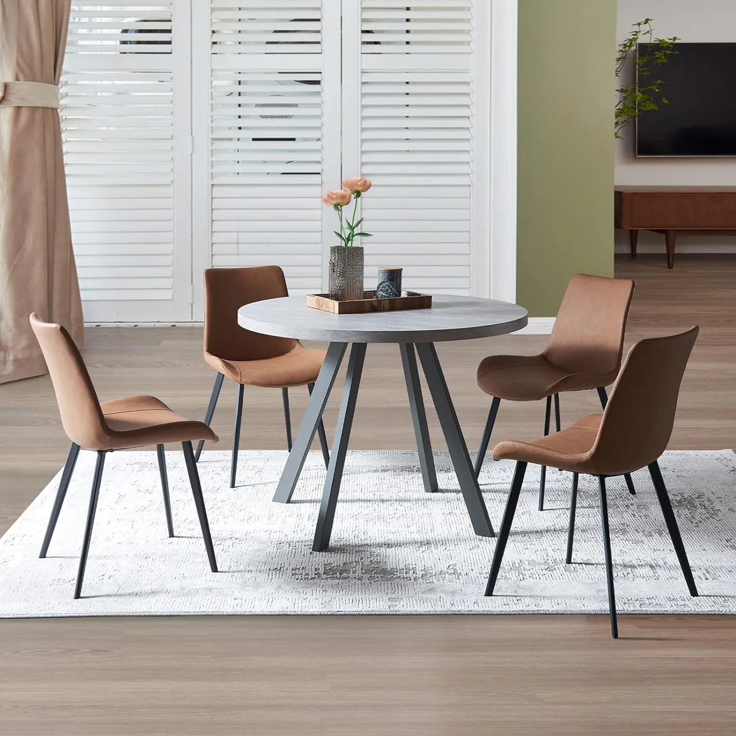 Dining Chairs Set of 4, Modern Kitchen & Dining Room Chairs, Upholstered Faux Leather Cushion Seat and Sturdy Metal Legs (4 Brown Chairs)