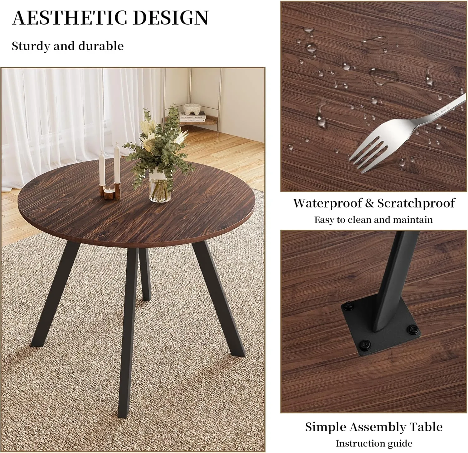 Dining Table and Chairs for 4 Space Saving for Apartment Kitchen Dining Room (Dark Walnut Table 4 Black Chairs)