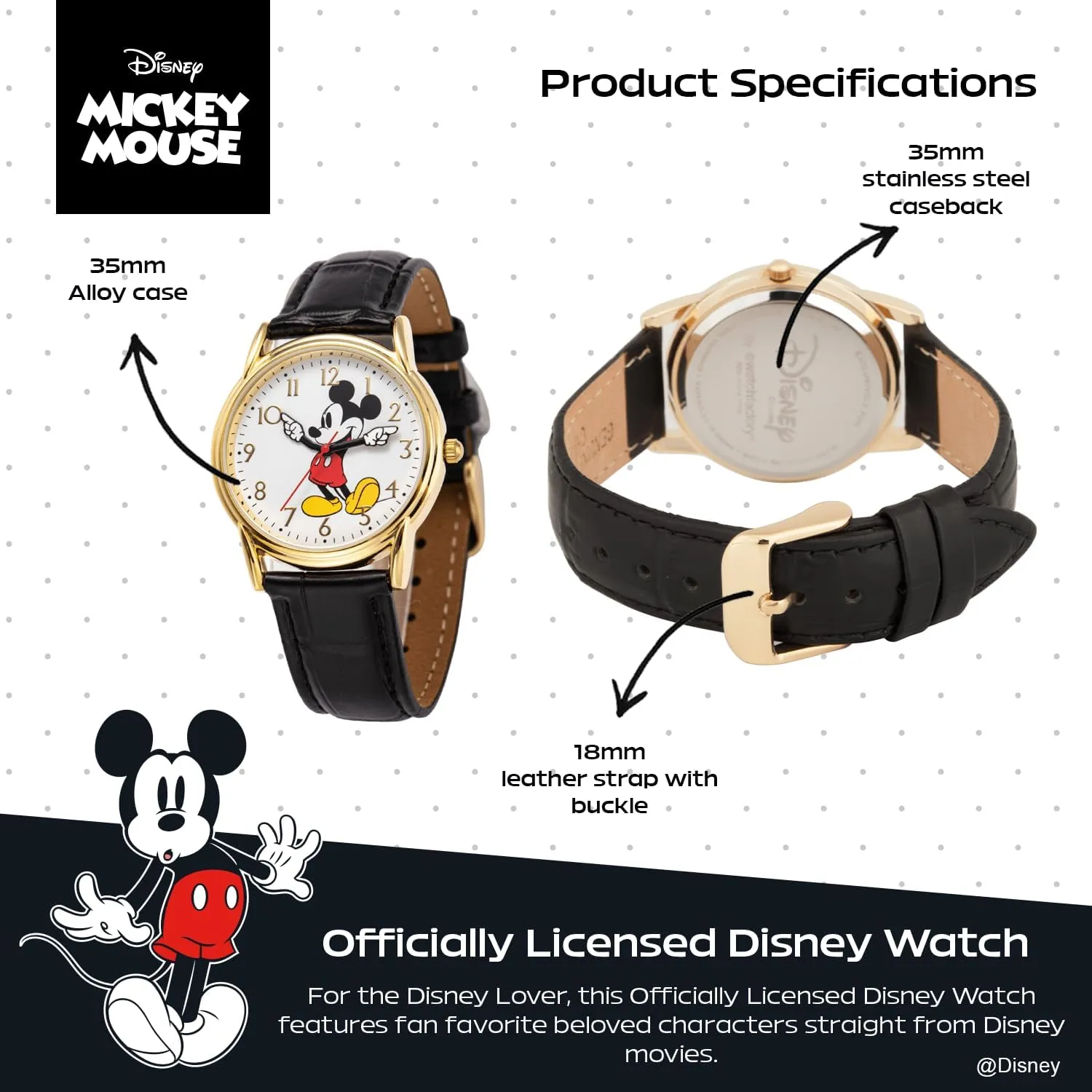 Disney Mickey Mouse Adult Classic Cardiff Analog Quartz Leather Strap Watch