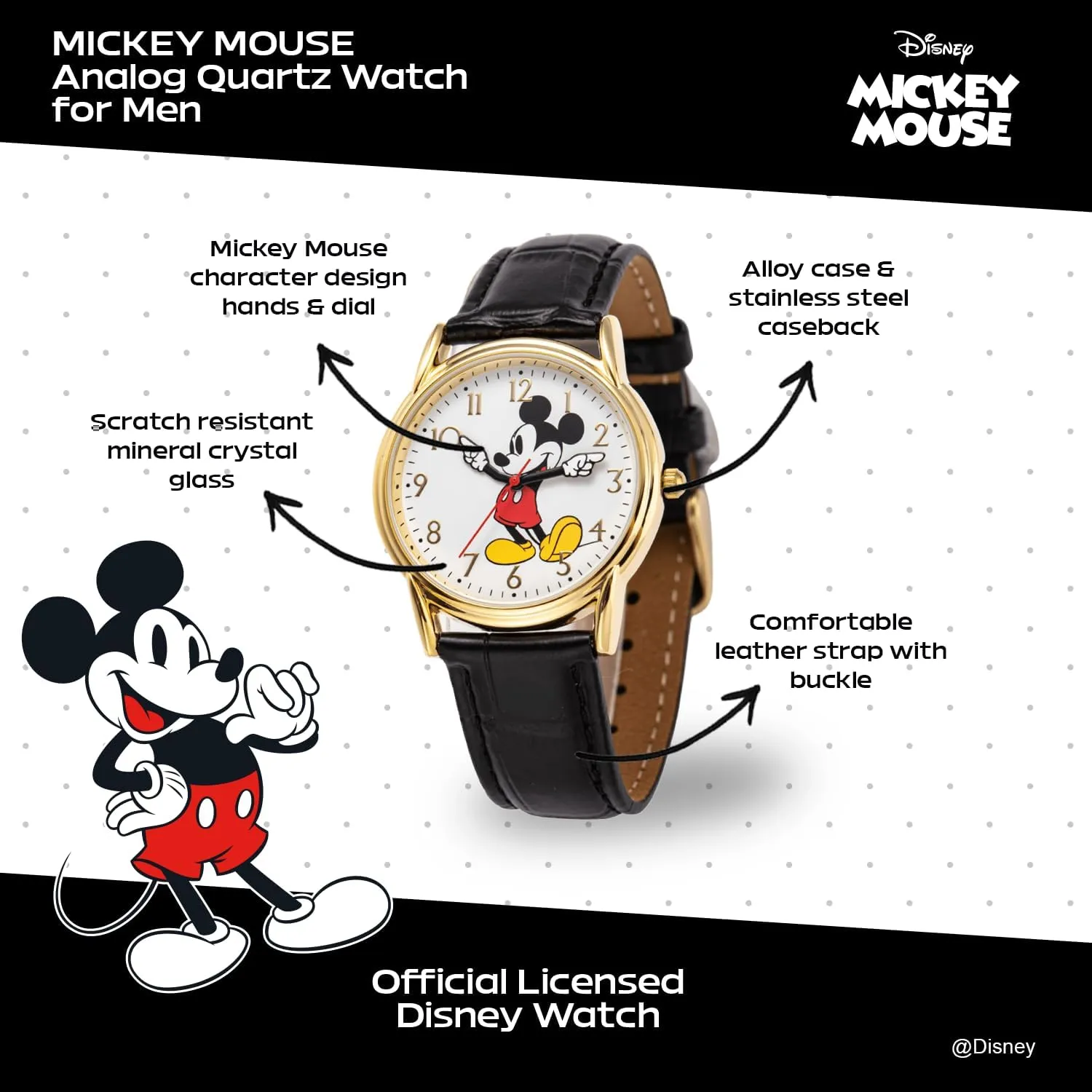 Disney Mickey Mouse Adult Classic Cardiff Analog Quartz Leather Strap Watch