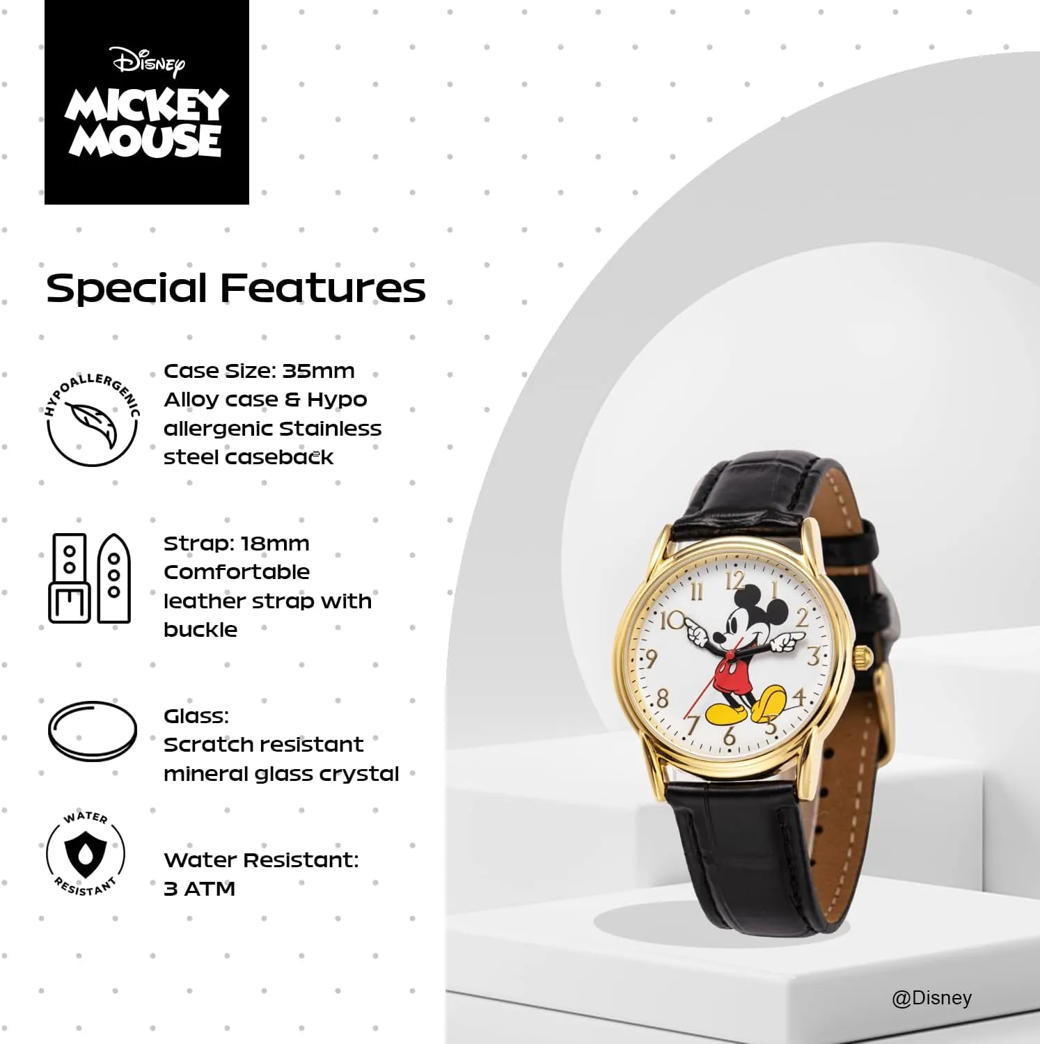 Disney Mickey Mouse Adult Classic Cardiff Analog Quartz Leather Strap Watch